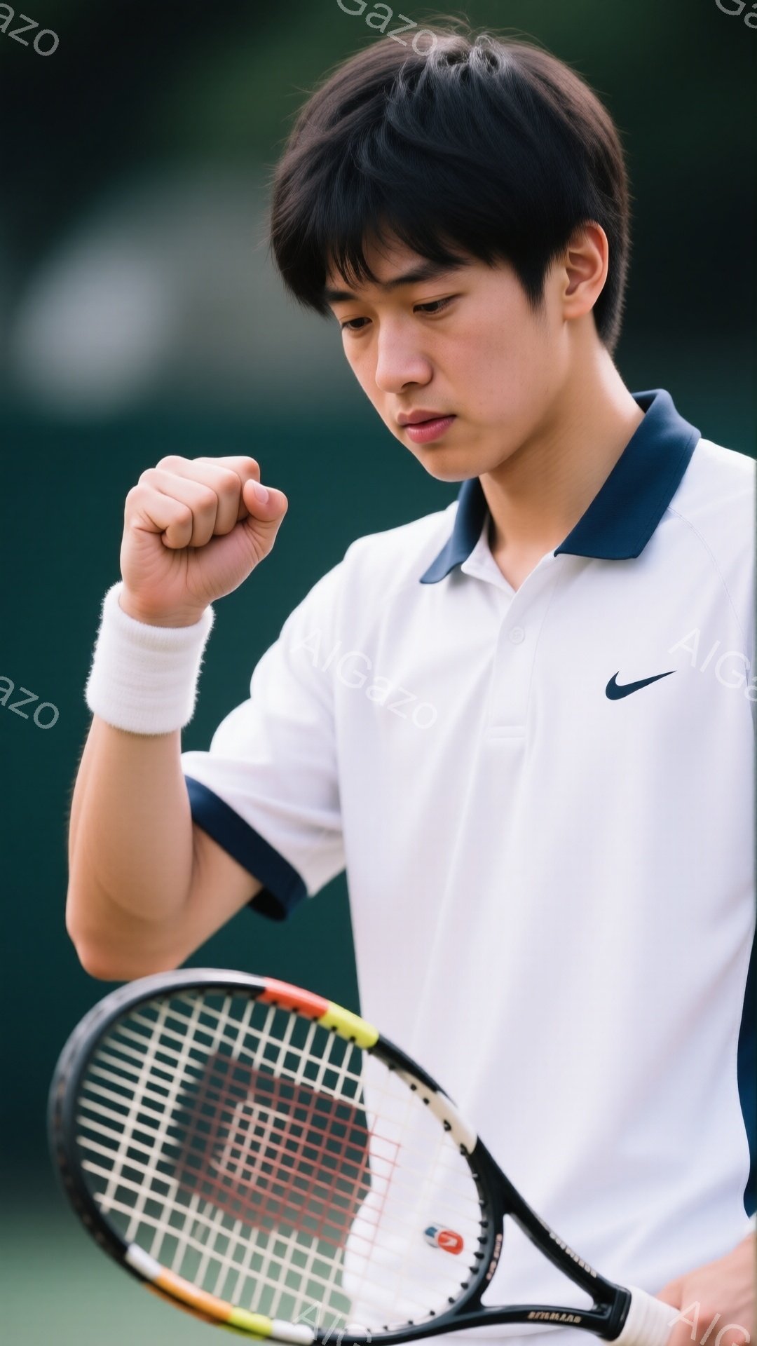 若い男性テニス選手が、勝利を確信したような表情で握りこぶしを高く上げている。白のポロシャツに紺色の縁取り、白いリストバンドと短髪が特徴的で、背景には緑豊かなテニスコートが見える。集中力と活力が感じられる、躍動感のある瞬間を捉えた写真だ。