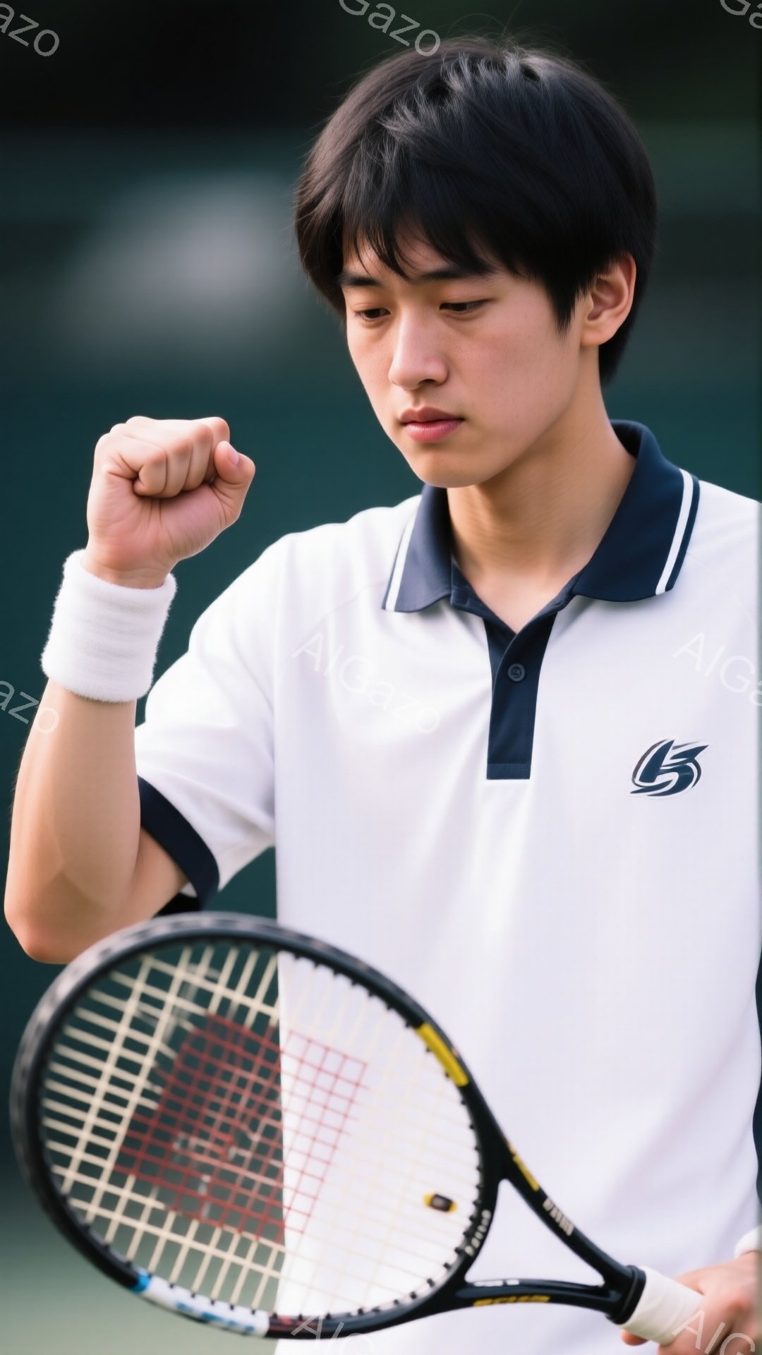 若い男性テニス選手が写っており、白いポロシャツに濃い青色のラインが入っています。彼は右手を強く握り締め、決意に満ちた表情をしています。背景は緑色のコートで、テニスラケットの一部が画面の左下に写っています。