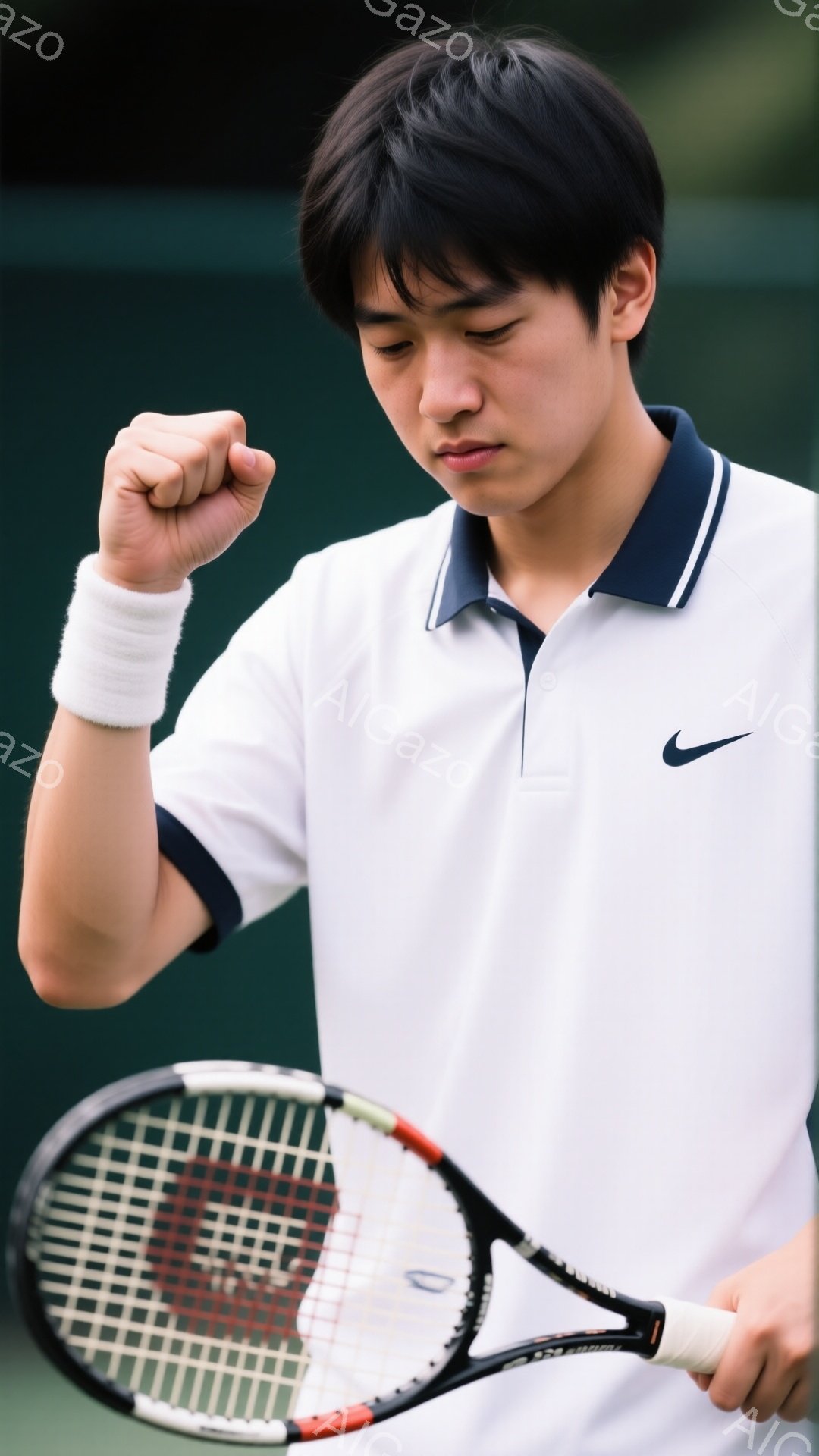 若いテニス選手が、白のポロシャツと紺色の袖、白いリストバンドをつけて、握りこぶしを上げています。髪型は黒髪のショートヘアで、顔は少し下を向いており、勝利や達成感を表しているようです。背景は緑色のテニスコートで、ネットと遠くの観客席が見え、集中した雰囲気があります。