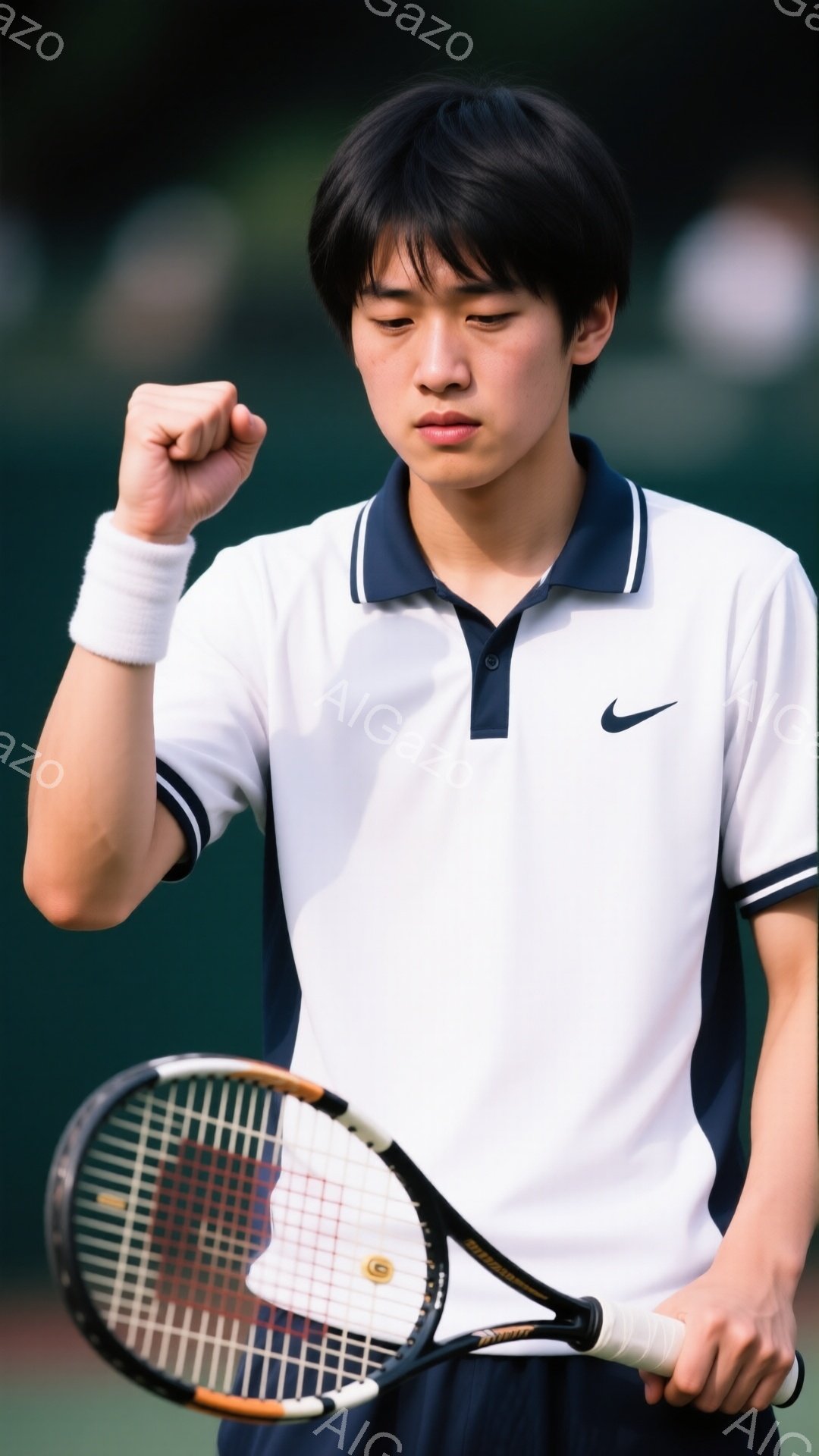 若いテニス選手が、試合後または勝利後に拳を握りしめています。白いポロシャツに濃い青色の襟と袖口があり、黒髪は短く整えられています。背景には緑のテニスコートとぼやけた観客席が見え、全体的に躍動感と達成感に満ちた雰囲気です。