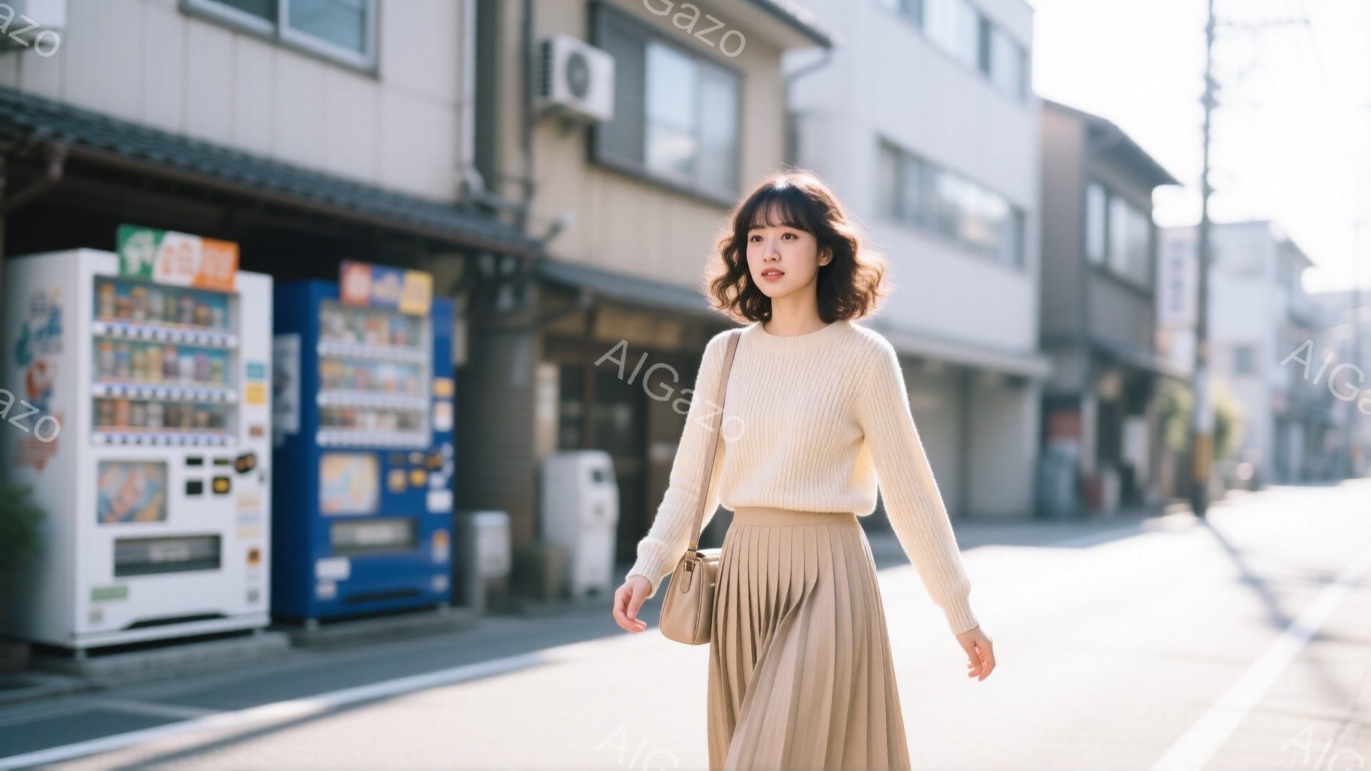 若い女性がベージュのプリーツスカートとクリーム色のセーターを着て、日当たりの良い街路を歩いている。彼女は肩までの長さの茶色の髪をしており、少し微笑んでいるように見える。背景には自動販売機や薄暗い建物が見え、晴れた日の穏やかな都市の風景が広がっている。