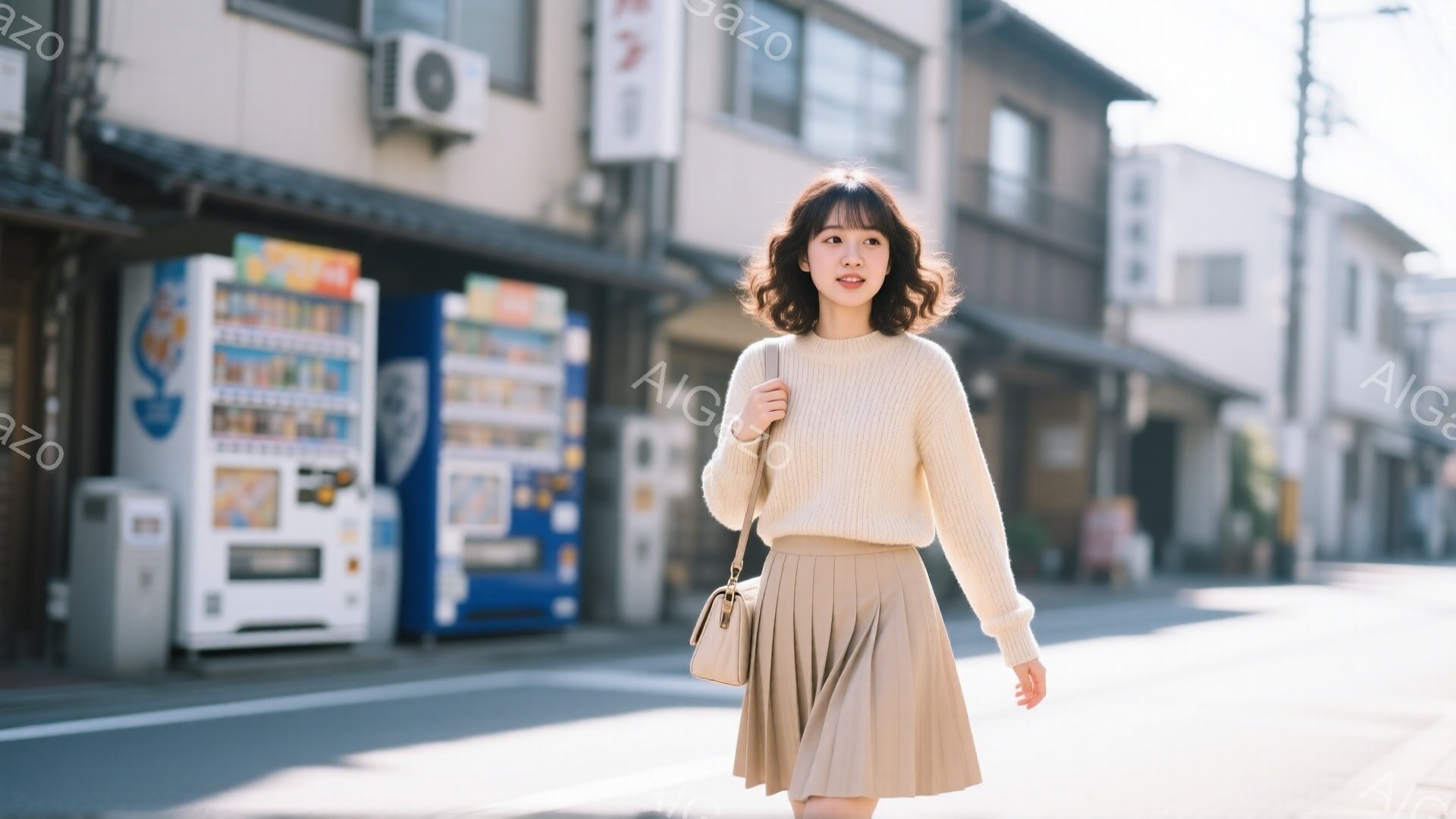 若い女性がベージュ色のセーターとプリーツスカートを身につけ、街を歩いている。彼女は肩にバッグをかけ、穏やかな微笑みを浮かべている。背景には自動販売機や古い建物が並び、晴れた日の穏やかな街並みが広がっている。