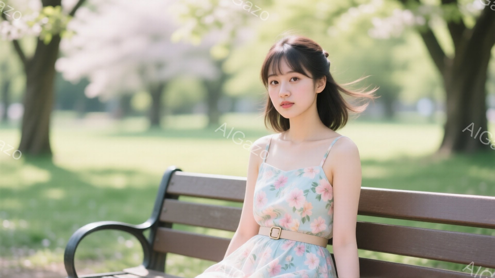 彼女は花柄のストラップドレスに薄いベージュのベルトを着用し、ベンチに座って穏やかな表情を浮かべている。髪は肩にかかる長さで、前髪を少し残したハーフアップスタイルだ。背景には緑豊かな木々とぼやけた桜が咲き、春の穏やかな日差しが降り注ぐ公園の様子がうかがえる。