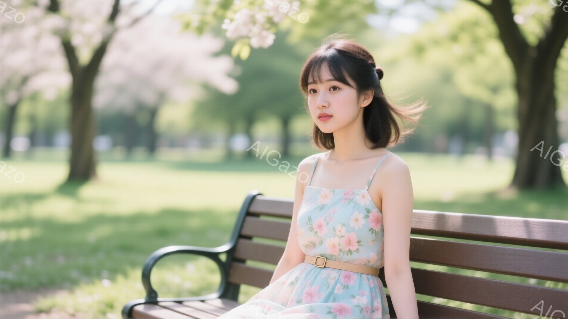 浅いブルー地に花柄が散りばめられたキャミソールワンピースを着た若い女性が、公園のベンチに座っています。彼女は腰に細いベルトを締め、肩まで届く長さの黒髪を少しカールさせています。背景には、桜の木が咲き誇り、柔らかな日差しが降り注ぎ、穏やかで春らしい雰囲気が漂っています。