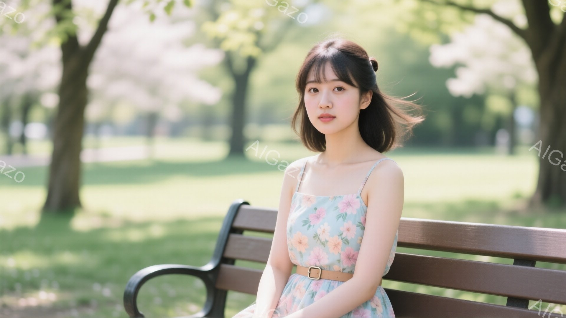 若い女性が公園のベンチに座っており、水色の花柄のワンピースと茶色のベルトを着用しています。彼女は肩までの長さの髪を分けており、穏やかな微笑みを浮かべています。背景には桜の木々と緑の芝生が広がり、春らしい暖かく柔らかな雰囲気です。