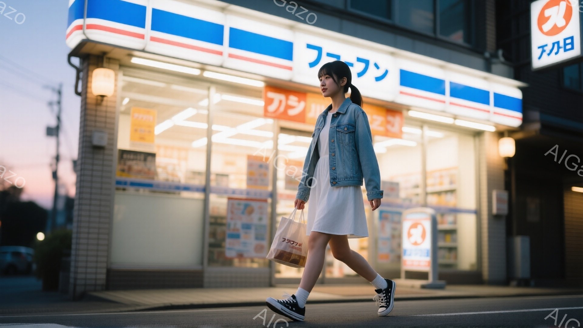 白いワンピースにデニムジャケットを羽織った若い女性が、横断歩道を歩いている。彼女は黒いスニーカーを履き、茶色の紙袋を持っている。背景には、明るく照らされたコンビニエンスストアがあり、夕暮れ時の空が薄いオレンジ色に染まっている。