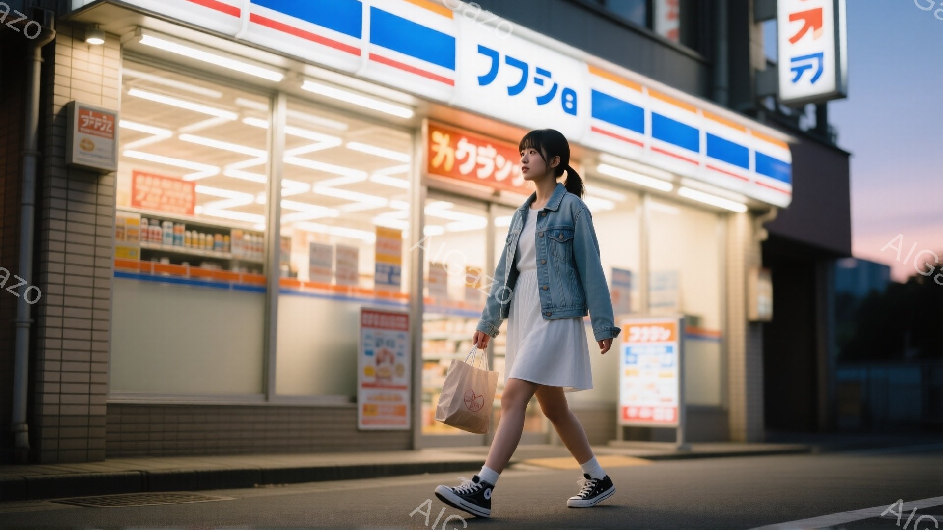 若い女性が、白いワンピースにデニムジャケットを羽織り、黒いスニーカーを履いて歩道上を歩いている。彼女は少し前かがみで、手に紙袋を持っている。背景にはコンビニエンスストアがあり、明るい照明が彼女を照らし、夕暮れ時の空が薄紫色に見える。