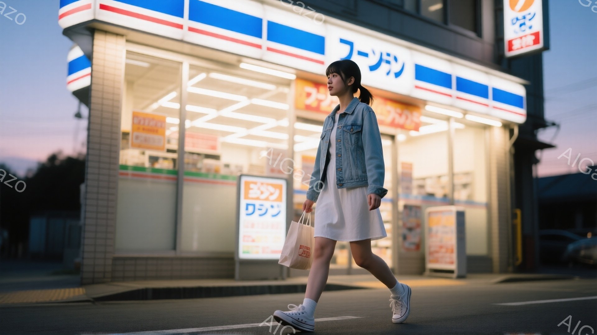 若い女性がコンバースのシューズを履き、白いワンピースにデニムジャケットを着て、歩道上を歩いている。彼女は黒髪で、少しうつむき加減で、手にはオレンジ色の買い物袋を持っている。背景には、明るく照らされたコンビニエンスストアがあり、夜明けまたは夕暮れ時の空が穏やかな雰囲気を作り出している。