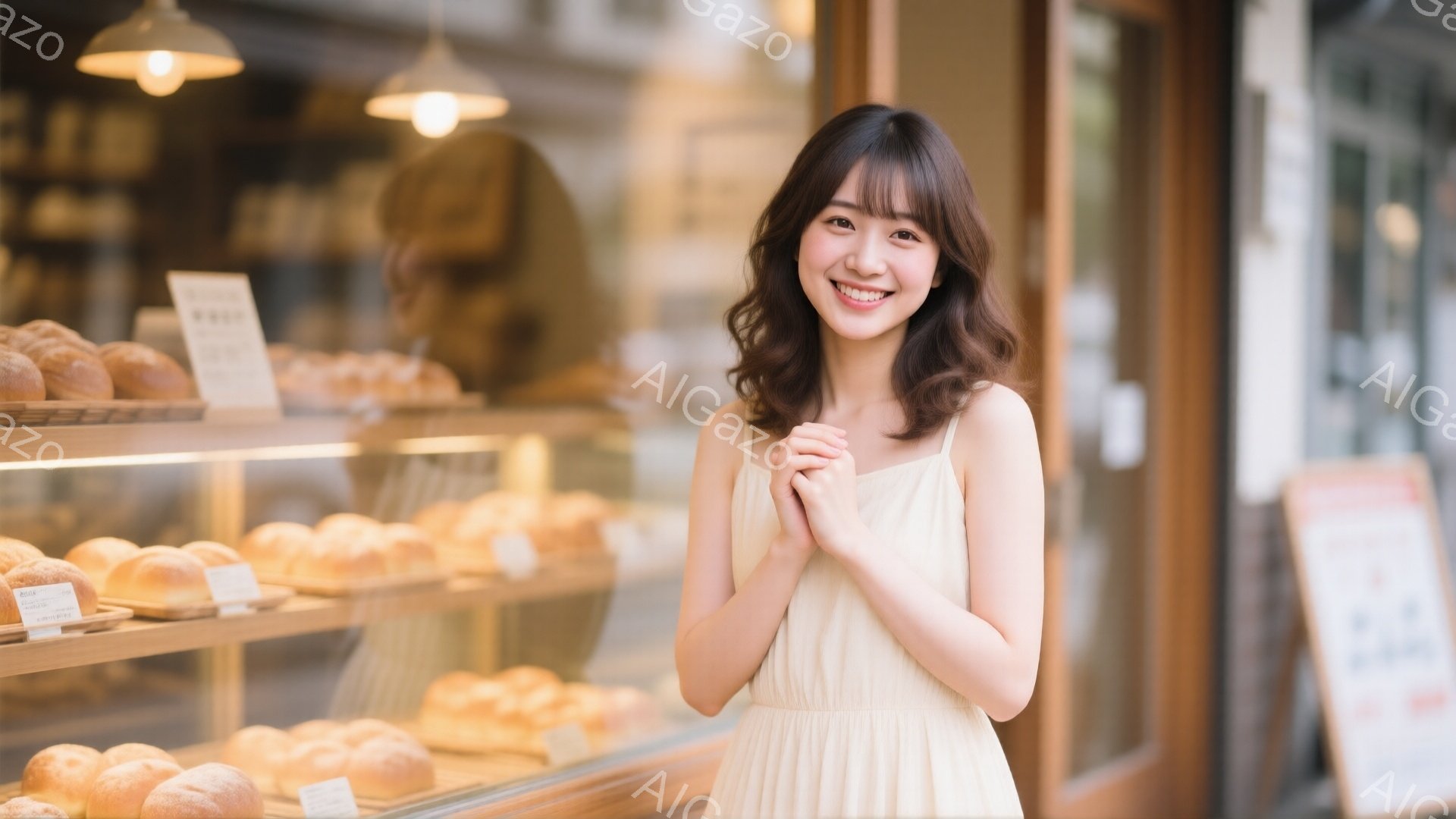 若い女性がクリーム色のワンピースを着て、両手を重ねて微笑んでいます。彼女は長い茶色の髪をしており、その表情は明るく親しみやすいです。背景にはパン屋のショーケースが写っており、様々な種類のパンが並んでいます。