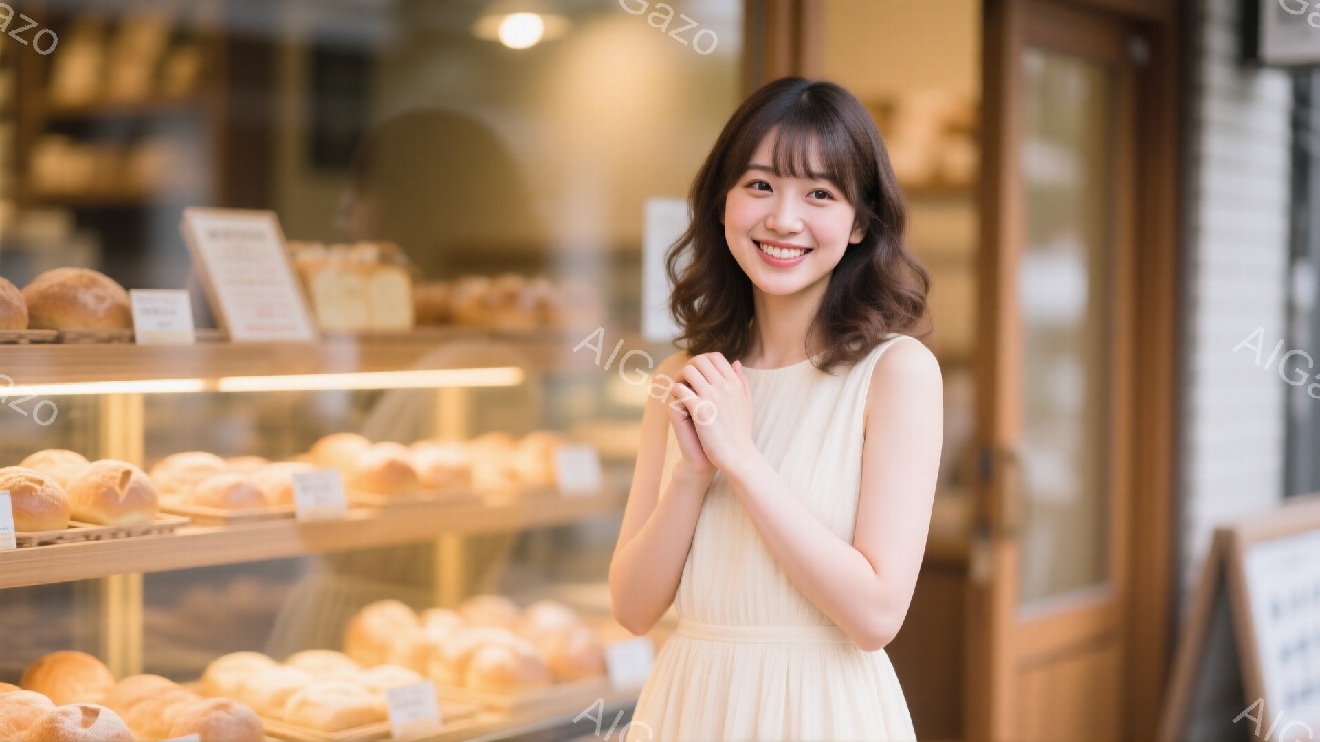 長い前髪とゆるいカールが特徴的な女性が、明るい笑顔でこちらを見ている。白いワンピースを着ており、両手を組み合わせて少し緊張した、あるいは期待に満ちた表情をしている。背景にはパンが並んだショーケースと、少しぼやけたカフェやパン屋の入り口が見え、暖かい雰囲気の店内で撮影された写真であることがわかる。