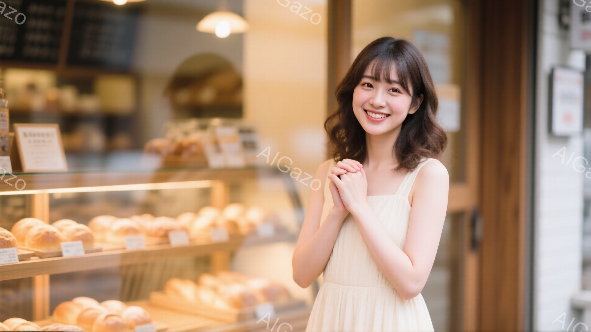 明るい表情の若い女性が、クリーム色のノースリーブワンピースを着て、両手を合わせて微笑んでいます。背景にはパン屋さんのショーケースが写っており、様々なパンが並んでいます。全体的に暖かく、心地よい雰囲気で、女性の幸せそうな表情が印象的です。