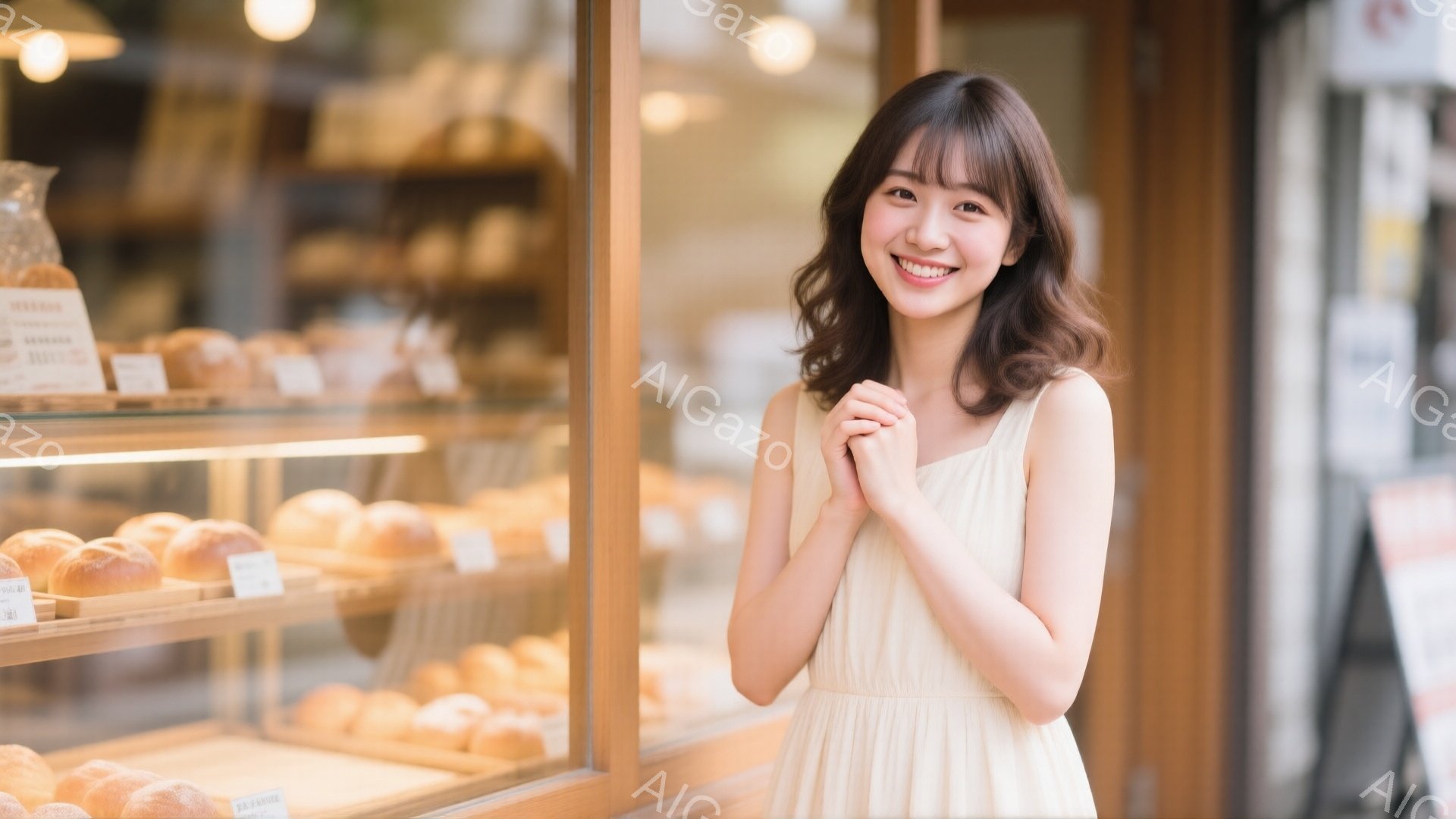 明るい笑顔の若い女性が、パン屋のショーケースの前で両手を合わせている。彼女はクリーム色のワンピースを着ており、肩まで届く茶色の髪をゆるくカールさせている。背景にはパンが並んだショーケースや、ぼやけた街並みが見え、晴れた日の穏やかな雰囲気が感じられる。