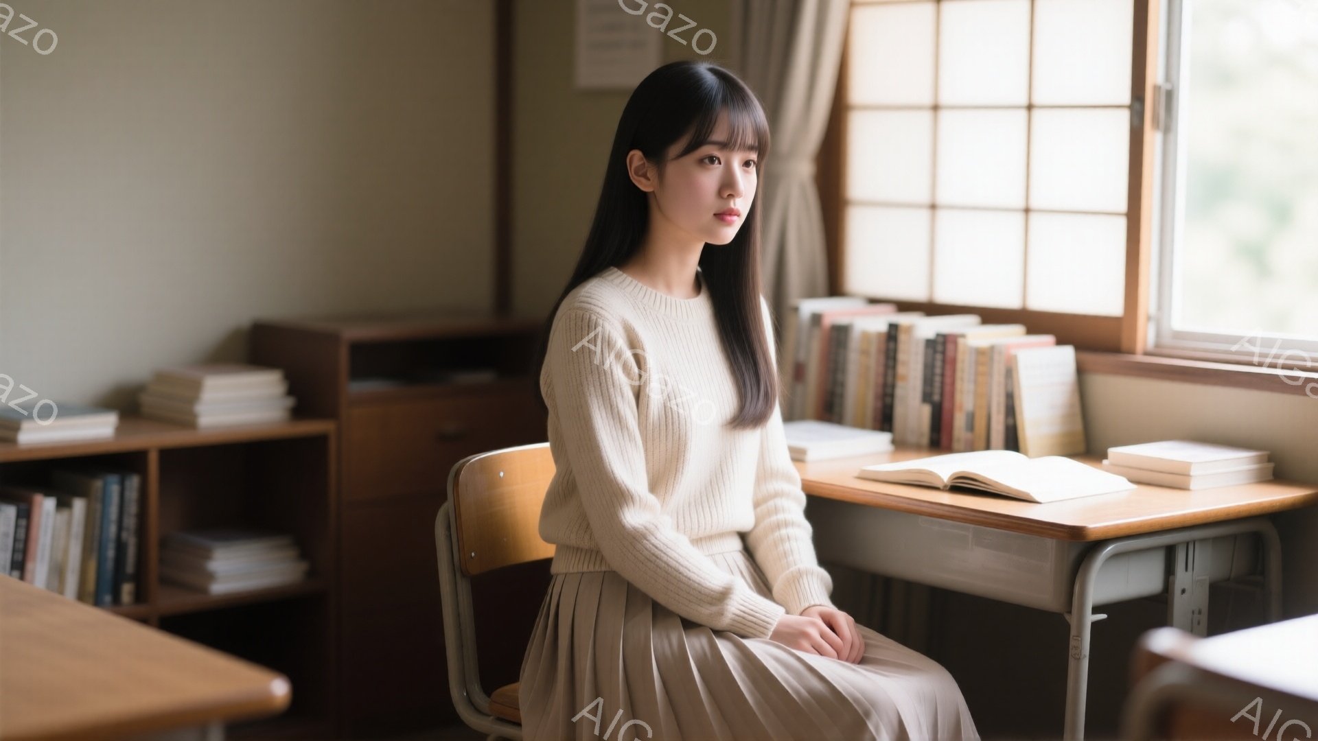長い黒髪をセンターパートにした若い女性が教室に座っています。ベージュのセーターとスカートを身につけ、少し物憂げな表情で前方を見つめています。背景には本棚と窓があり、柔らかな光が差し込み、静かで落ち着いた雰囲気を醸し出しています。