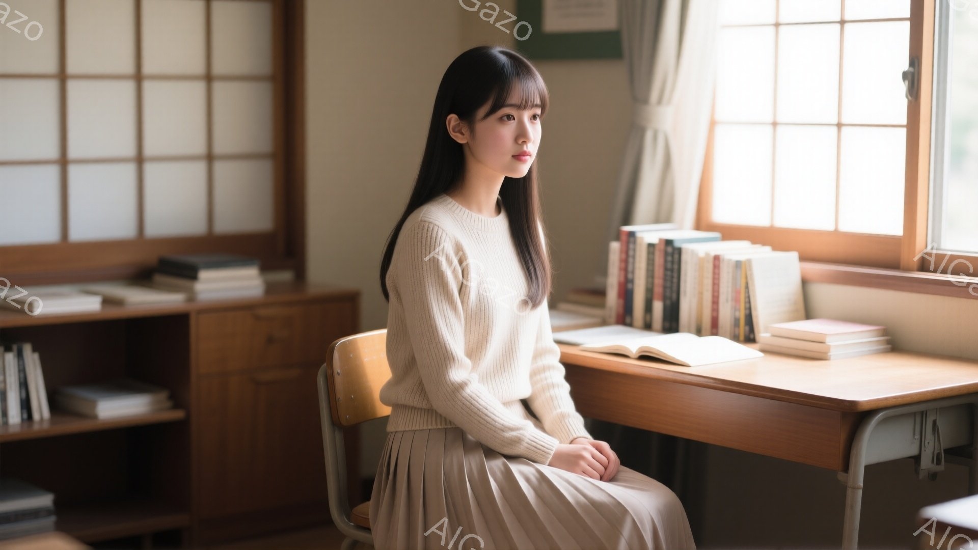 長い黒髪をサイドに流した女性が、ベージュのセーターとプリーツスカートを身につけて教室の椅子に座っています。彼女は少し物憂げな表情で、遠くを見つめており、机の上には本が積み重ねられています。窓から差し込む柔らかい光が、教室全体を暖かく照らし、どこか懐かしい雰囲気を醸し出しています。