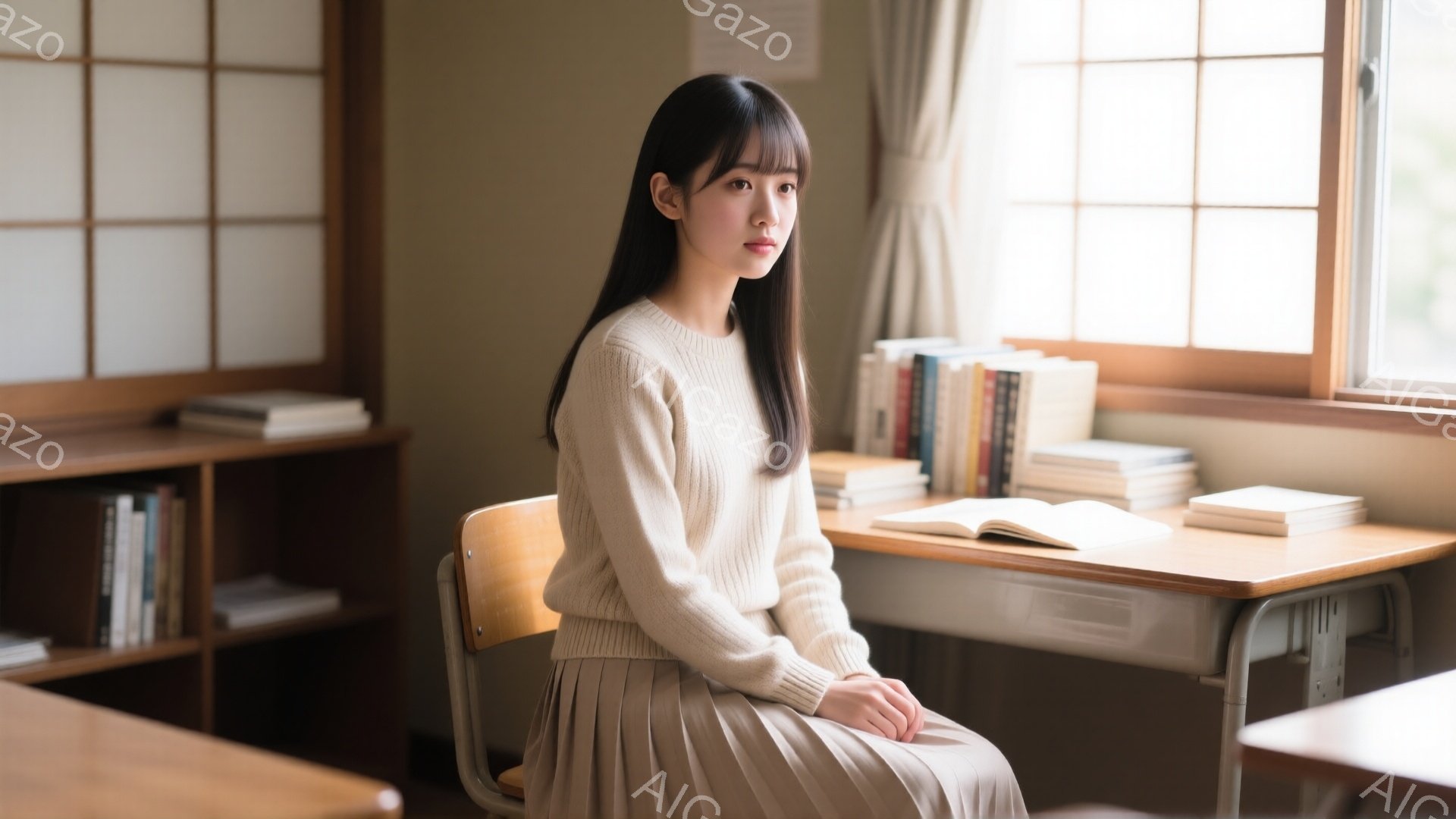 明るい教室で、若い女性が椅子に座っています。彼女はベージュのセーターとプリーツスカートを着ており、黒髪のストレートヘアが肩にかかっています。表情は穏やかで、少し物憂げな雰囲気を漂わせています。