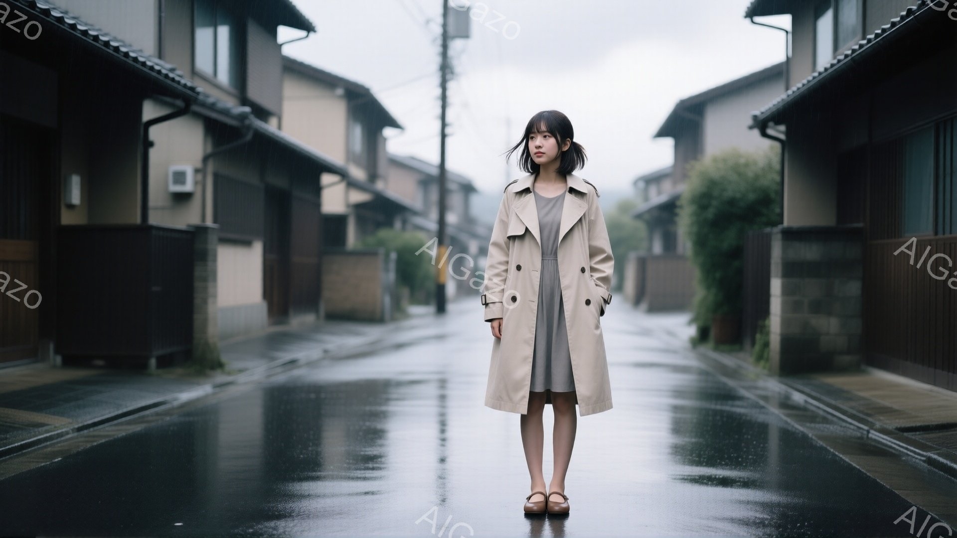 ベージュ色のトレンチコートを着た若い女性が、雨上がりの狭い路地に立っている。彼女は短い黒髪で、表情はやや物憂げで、正面をまっすぐ見つめている。背景には木造建築が並び、路面は雨で濡れて光沢があり、全体的に静かで少し寂しげな雰囲気を醸し出している。