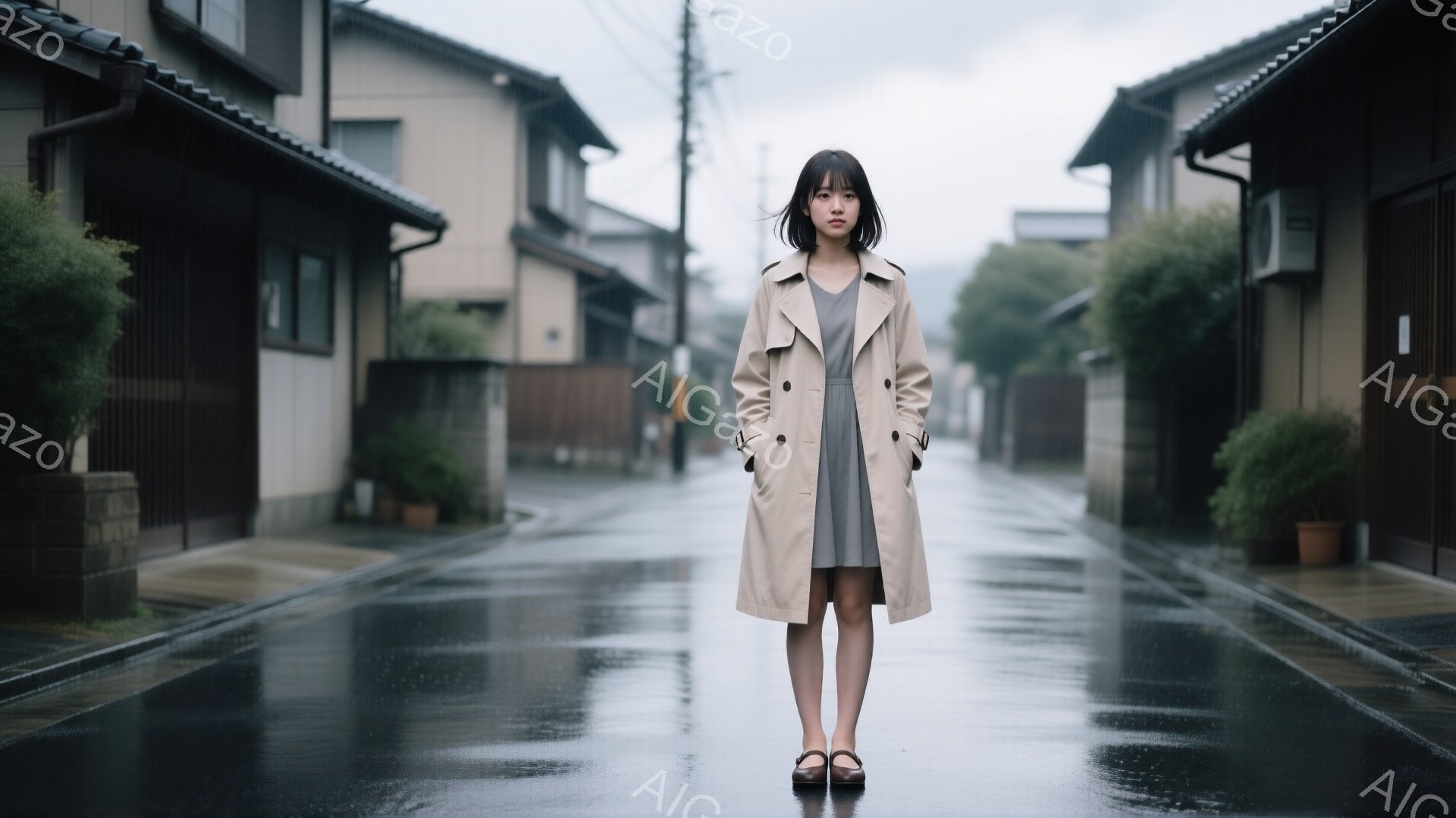 浅いベージュ色のトレンチコートを着た若い女性が、濡れたアスファルトの道の中央に立っている。彼女は黒髪のショートボブで、表情はやや憂いを帯びている。背景には、日本の古い町並みが広がり、薄暗い曇り空と濡れた路面が寂しげな雰囲気を醸し出している。