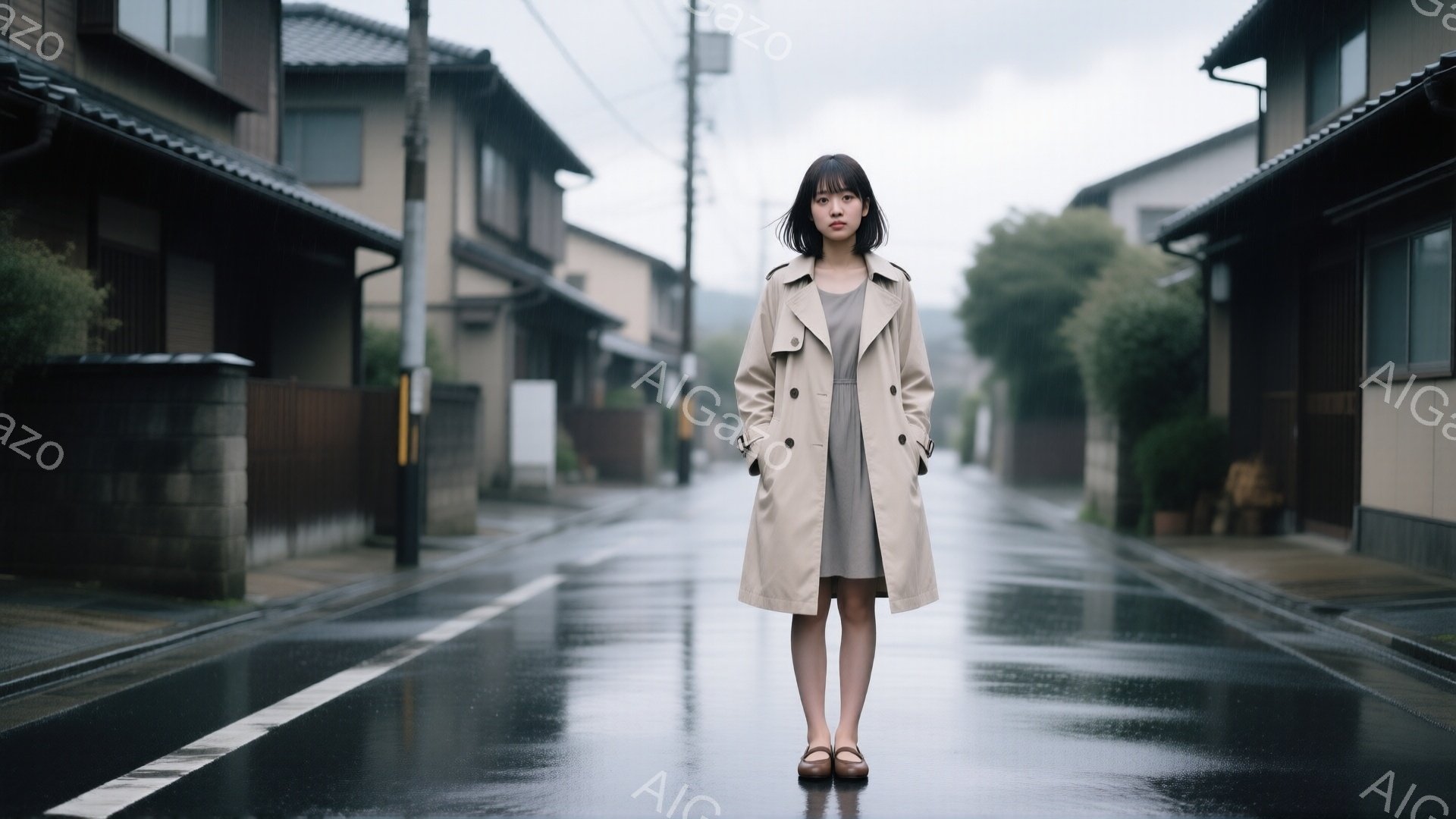 ベージュ色のトレンチコートを着た若い女性が、雨に濡れた路地に立っている。彼女は黒髪で、前髪が目にかかり、表情はどこか憂いを帯びている。背景には日本家屋が並び、曇り空と濡れた路面が寂しげな雰囲気を醸し出している。