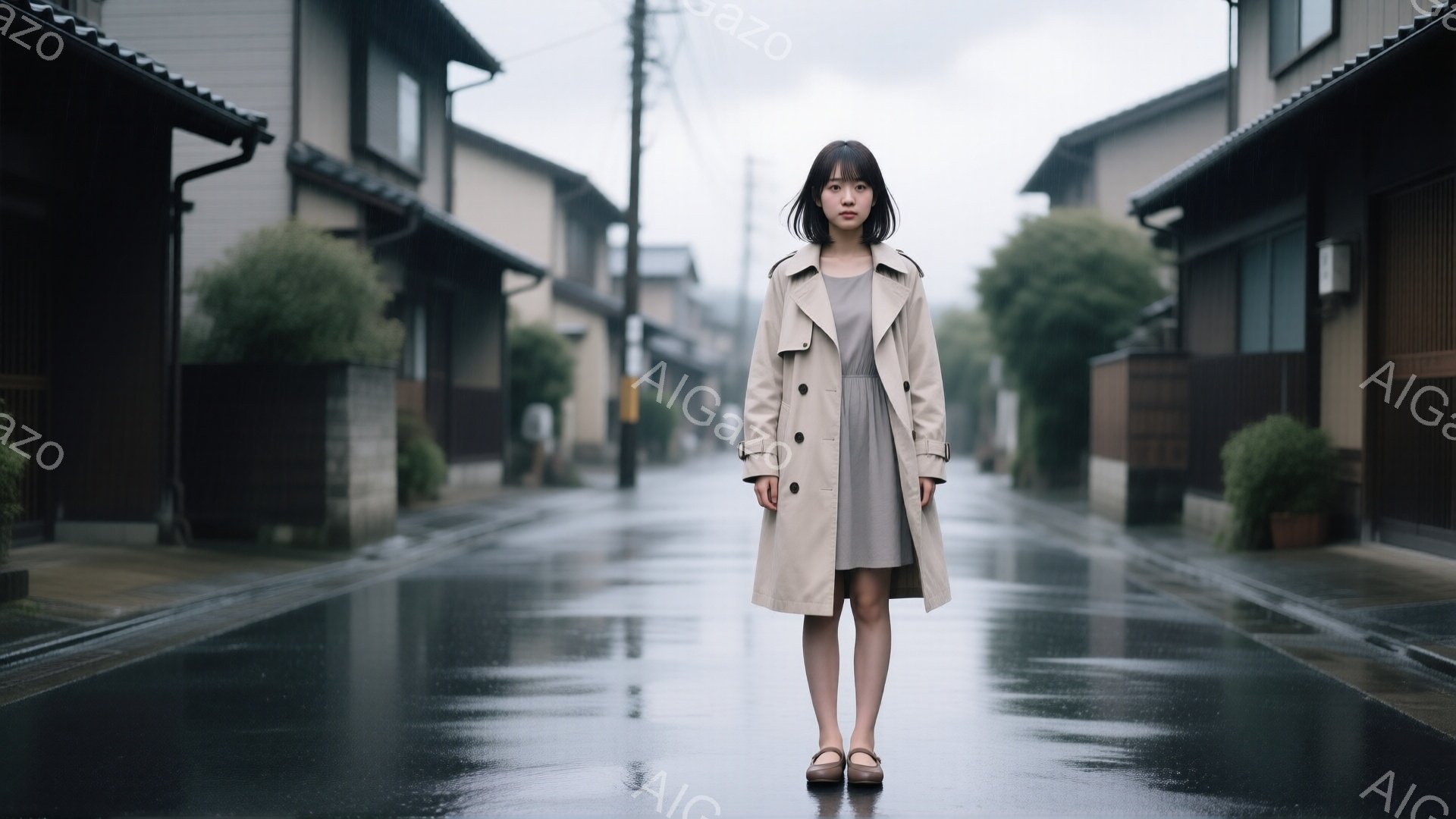 ベージュ色のトレンチコートを羽織った若い女性が、雨上がりの寂れた路地に立っている。彼女は黒髪のボブスタイルで、少し物憂げな表情をしており、手はコートのポケットに入れている。背景には木造の家々が並び、濡れたアスファルトが光を反射している。
