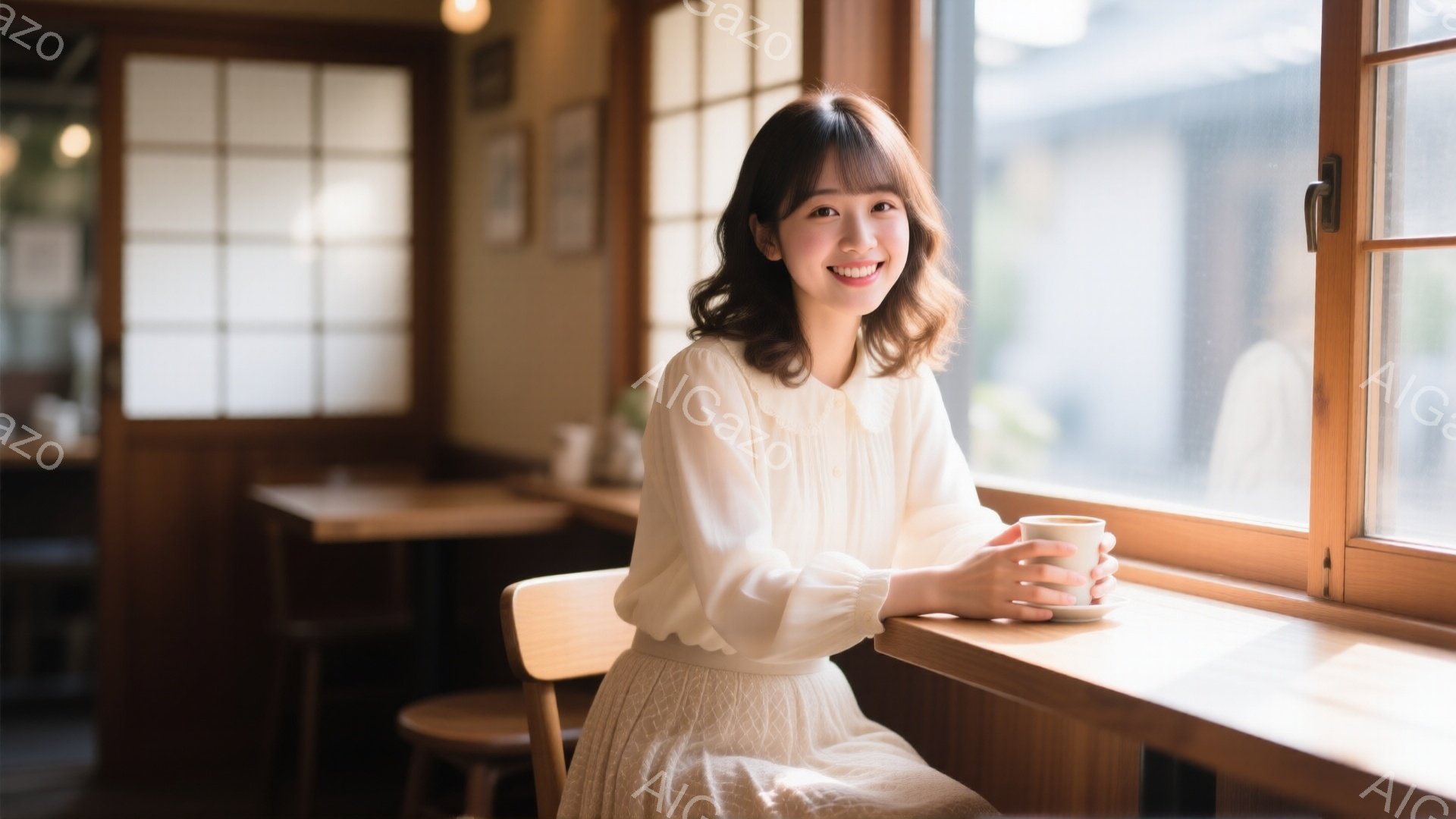明るい表情の若い女性が、窓際の席で温かい飲み物を楽しんでいます。白いブラウスとスカート姿で、肩までの長さの茶髪は軽くカールがかかっています。背景には、木製のテーブルと椅子、そしてぼやけた街並みが望め、穏やかで心地よいカフェの雰囲気が漂っています。