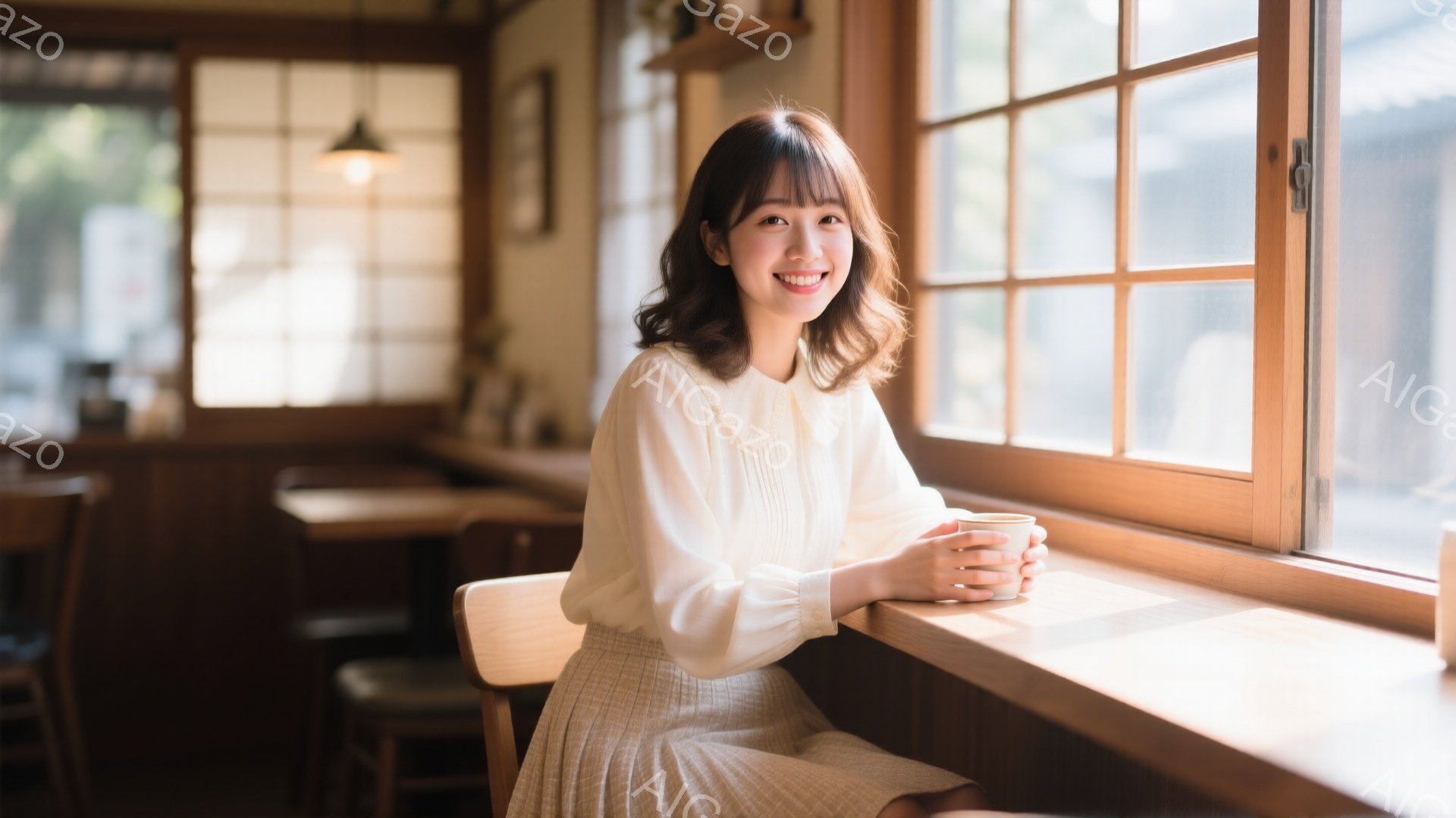 明るい窓辺に座る女性は、白いブラウスと淡いベージュのスカートを身に着けている。彼女は微笑み、片手にマグカップを持ち、リラックスした姿勢で窓の外を見ている。背景には木製のテーブルと椅子が見え、暖かく穏やかなカフェの雰囲気が感じられる。