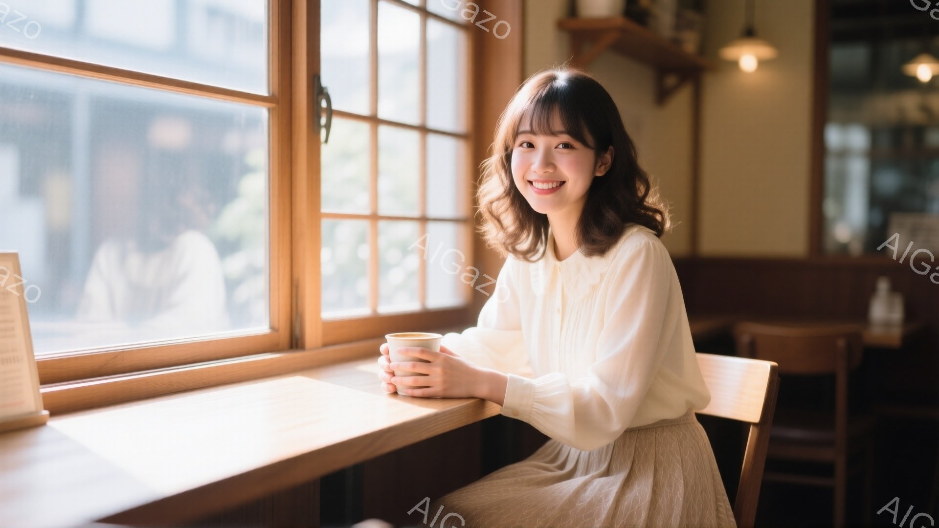 明るい窓辺に座る若い女性は、オフホワイトのブラウスと淡いピンク色のスカートを身につけています。彼女は微笑んでおり、両手で温かい飲み物が入ったカップを抱えています。背景にはぼやけた建物が見え、カフェのような落ち着いた雰囲気の中で、リラックスした時間が流れているようです。