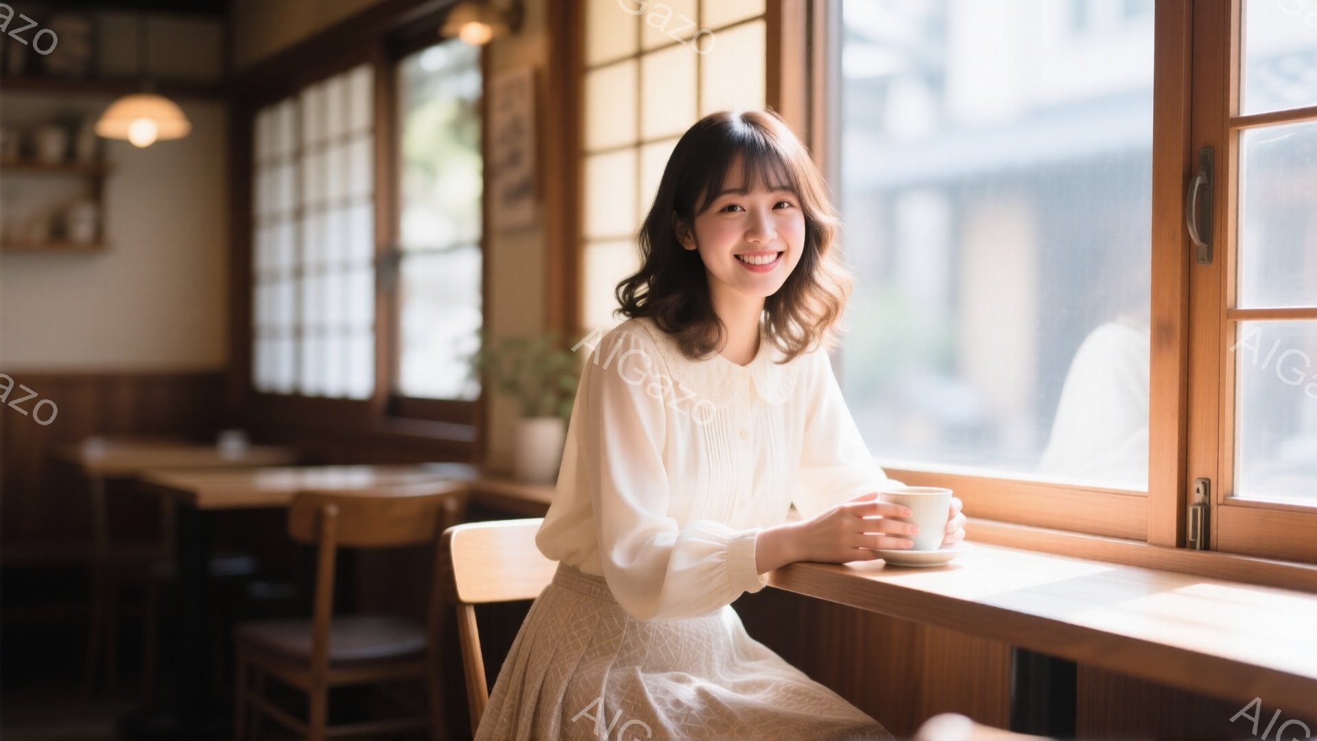 明るい窓辺に座る女性は、オフホワイトのブラウスと淡いベージュのスカートを身につけています。彼女は微笑んでおり、片手に温かい飲み物の入ったカップを持っています。背景には木製のテーブルと椅子が見え、自然光が差し込む穏やかなカフェの雰囲気を感じさせます。
