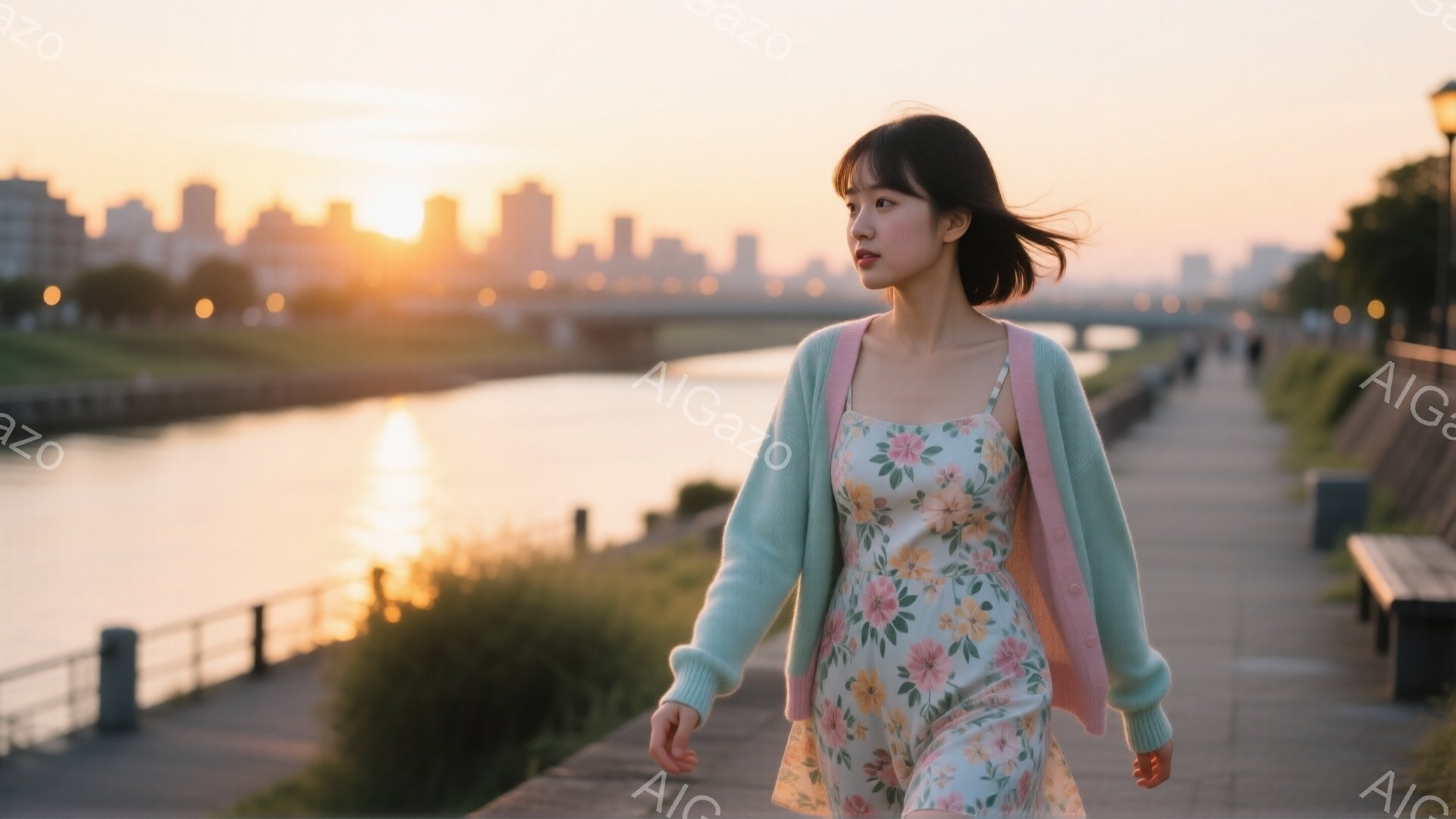 明るい花柄のワンピースに、薄い水色のカーディガンを羽織った女性が、遊歩道を歩いている。彼女は黒髪のショートボブで、少し横を向いて微笑んでいるように見える。背景には川が流れ、遠くに夕焼けに照らされた建物群が広がり、穏やかで温かい雰囲気が漂っている。