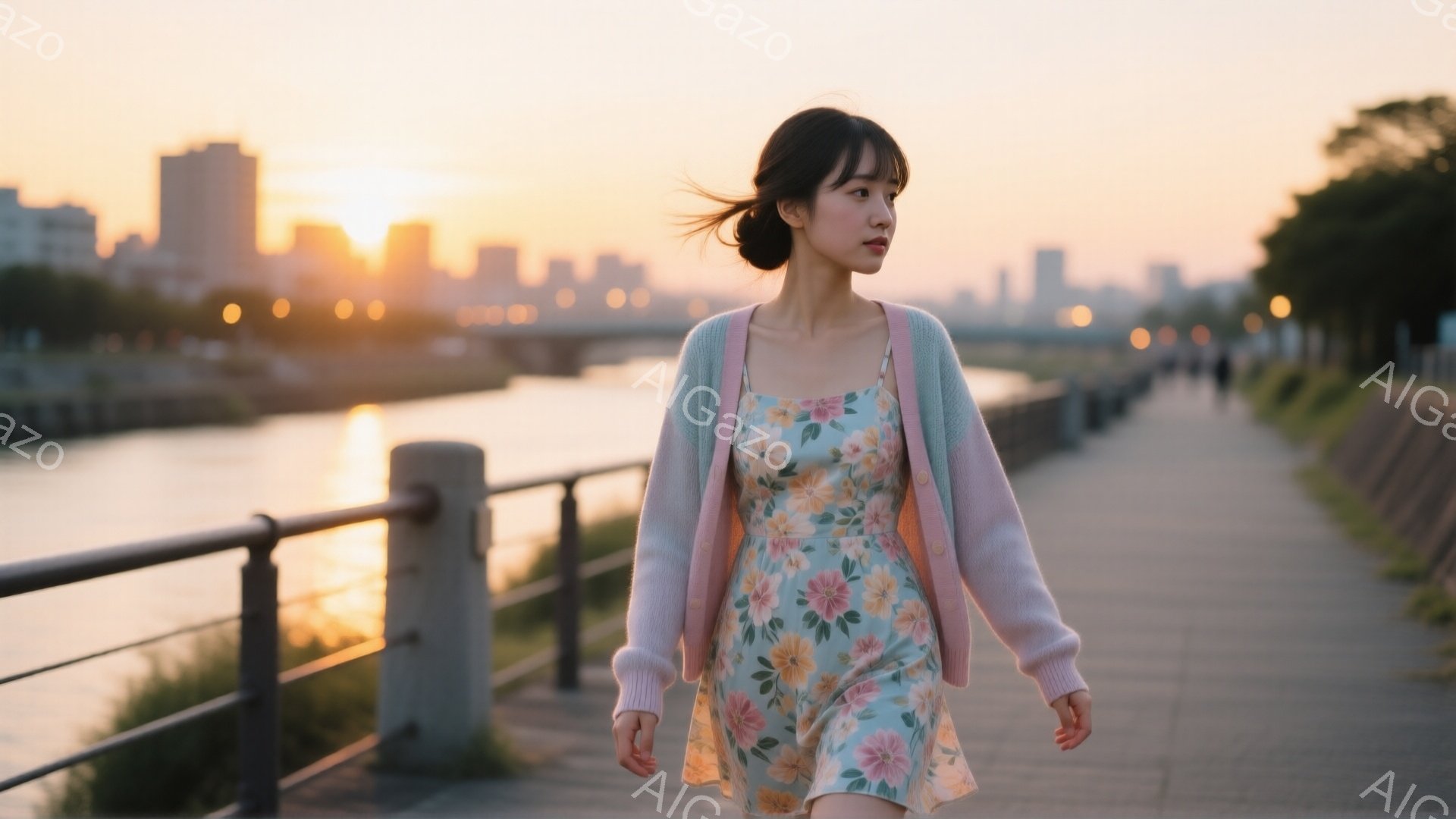 若い女性が花柄のキャミソールワンピースに、薄いピンク色のカーディガンを羽織って舗装された遊歩道を歩いている。彼女は前髪を下ろしたハーフアップで、少し微笑んでいるような表情をしている。背景には川と、夕焼けに照らされた都市の風景が広がり、穏やかで暖かな雰囲気が漂っている。