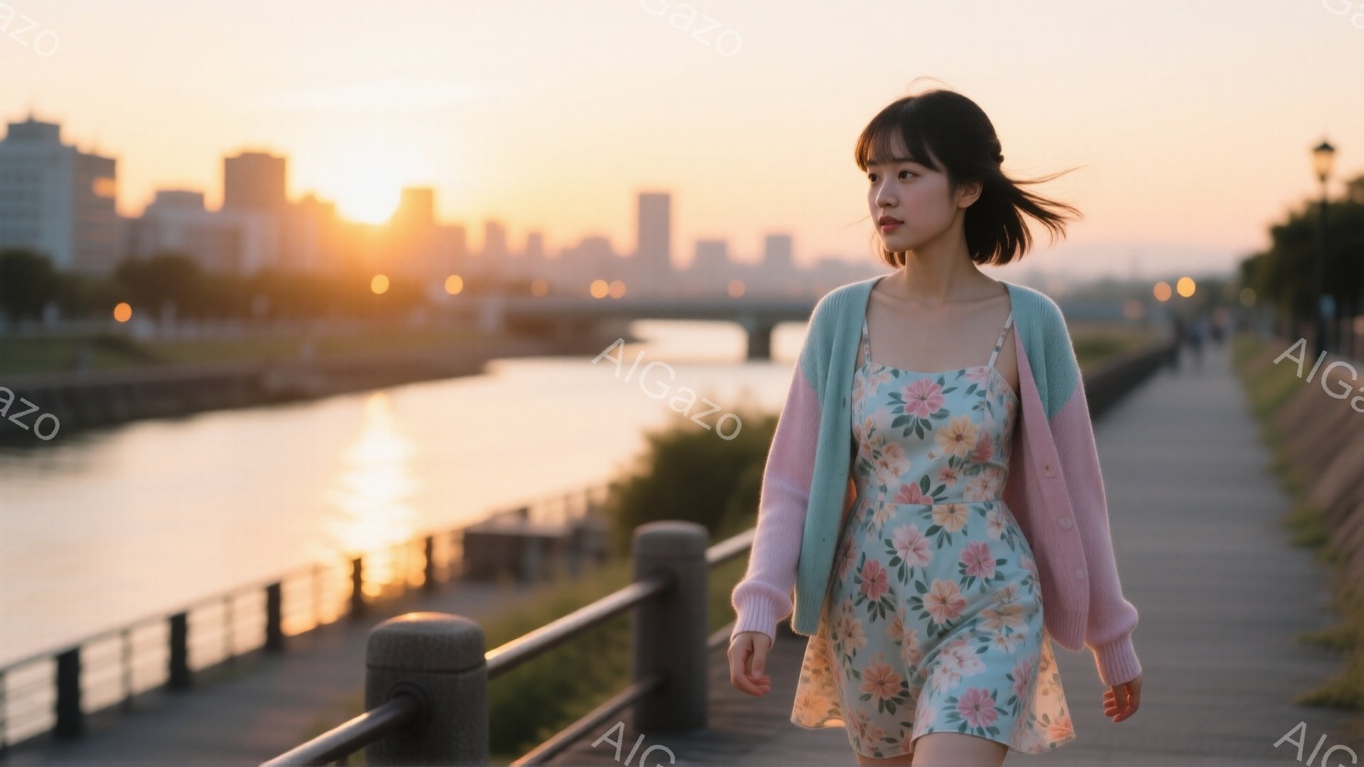 若い女性が、花柄のワンピースに薄い緑とピンクのカーディガンを着て、遊歩道を歩いている。彼女は肩まで伸びた黒髪で、少し微笑んでいるように見える。背景には川と、夕焼けに照らされた都市のシルエットが広がり、 - AI生成フリー素材