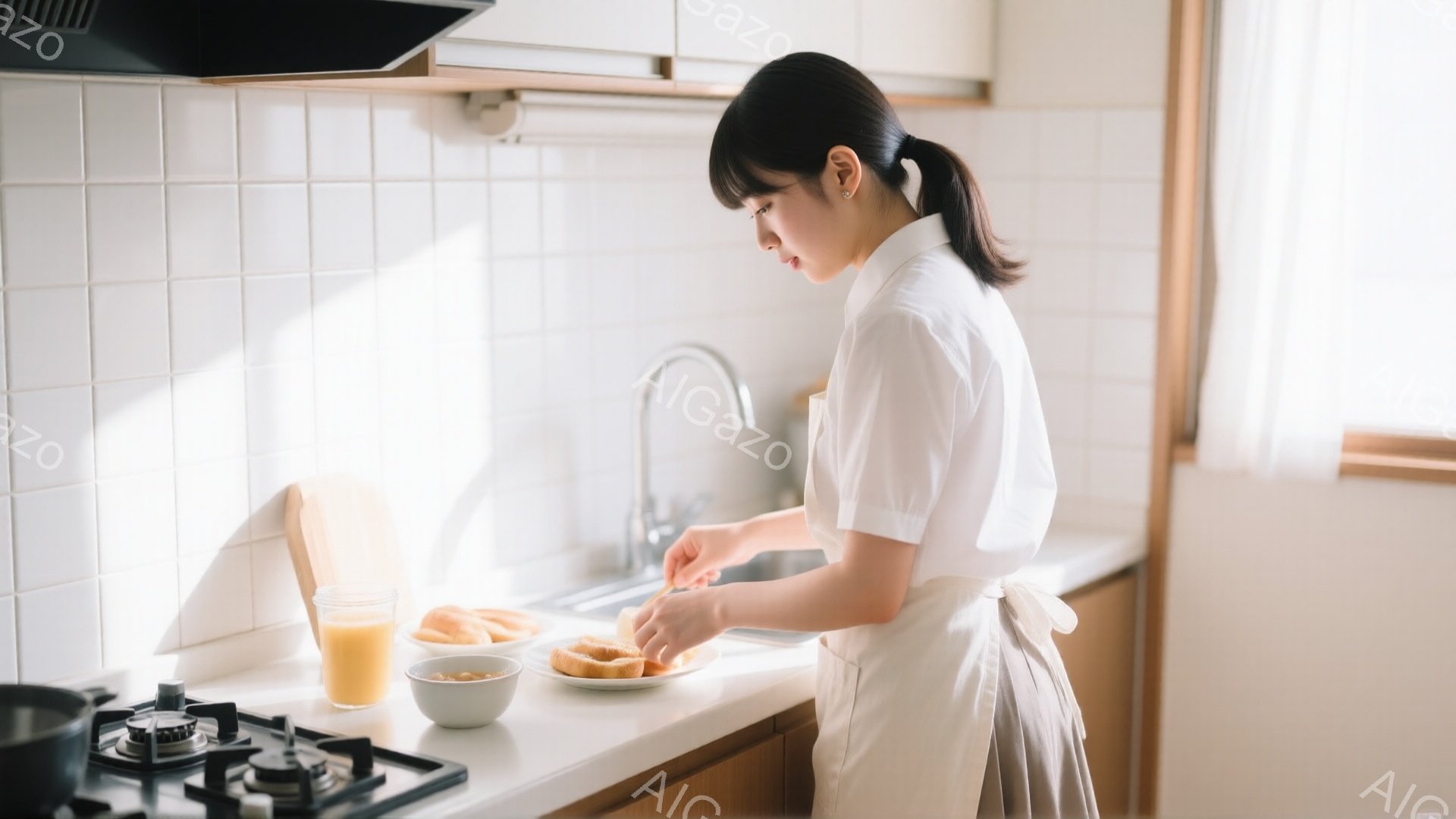 白いキッチンで、女性が朝食の準備をしている様子が写っている。白いシャツとエプロンを身につけ、髪は後ろで一つに結んでいる。彼女はカウンターの上でパンに何かを塗り、オレンジジュースと小さな皿が手元にある。