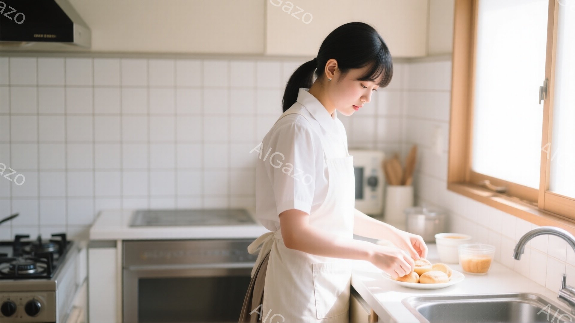明るいキッチンで、エプロンを着た若い女性がパンを皿に盛り付けている。彼女は黒髪を後ろで一つにまとめ、少しうつむき加減でパンに集中した表情をしている。背景には白いタイル、調理台、ガスコンロがあり、窓からは自然光が差し込み、穏やかで温かい雰囲気を醸し出している。