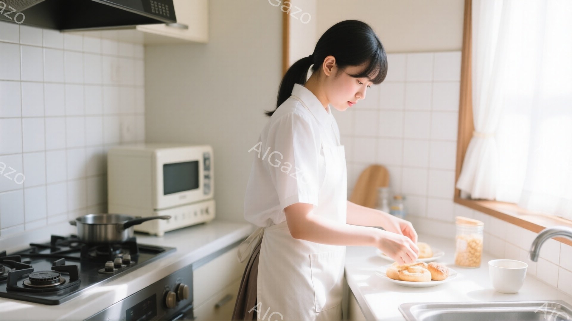 白いエプロンを着た若い女性がキッチンで何かを盛り付けている。彼女は黒髪を後ろで結び、集中した表情で皿に何かを丁寧に並べている。背景には白いタイルの壁、ガスコンロ、電子レンジ、窓から差し込む光があり、温かく穏やかな家庭的な雰囲気が漂っている。