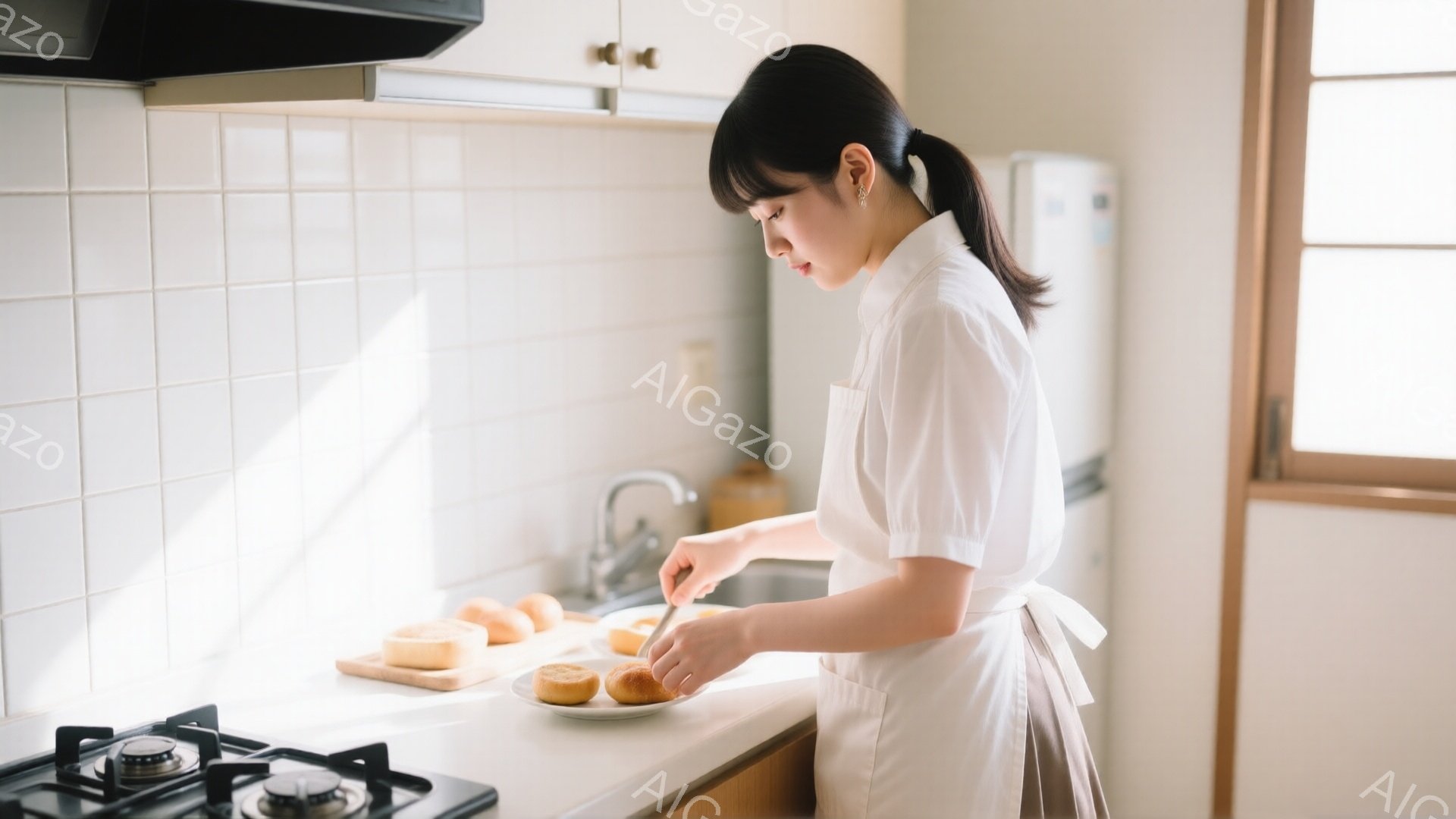 白いシャツにベージュのスカートを身に着けた女性がキッチンで何かに取り組んでいます。彼女は髪を後ろで一つにまとめ、集中した表情で何かをカットしています。背景には白いタイルの壁、ガスコンロ、そして窓から差し込む柔らかな光があり、全体的に温かく穏やかな雰囲気です。