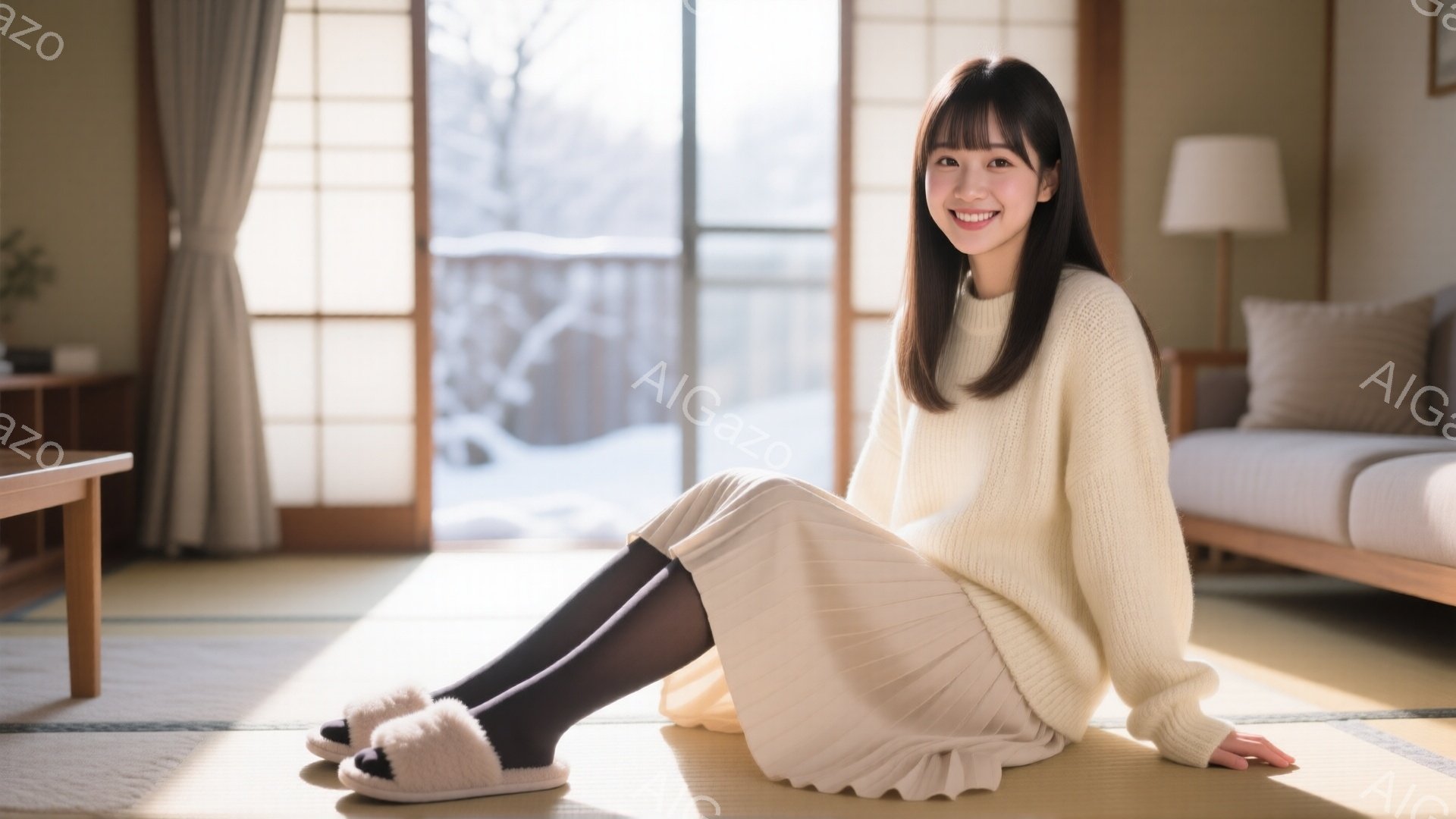 明るい室内で、若い女性が畳の上に座っている。オフホワイトのゆったりとしたセーターとスカート、黒いタイツ、ふわふわのスリッパを身に着けており、微笑みを浮かべている。背景には、雪景色が見える障子や、シンプルなソファ、テーブルがあり、暖かく穏やかな雰囲気が漂っている。