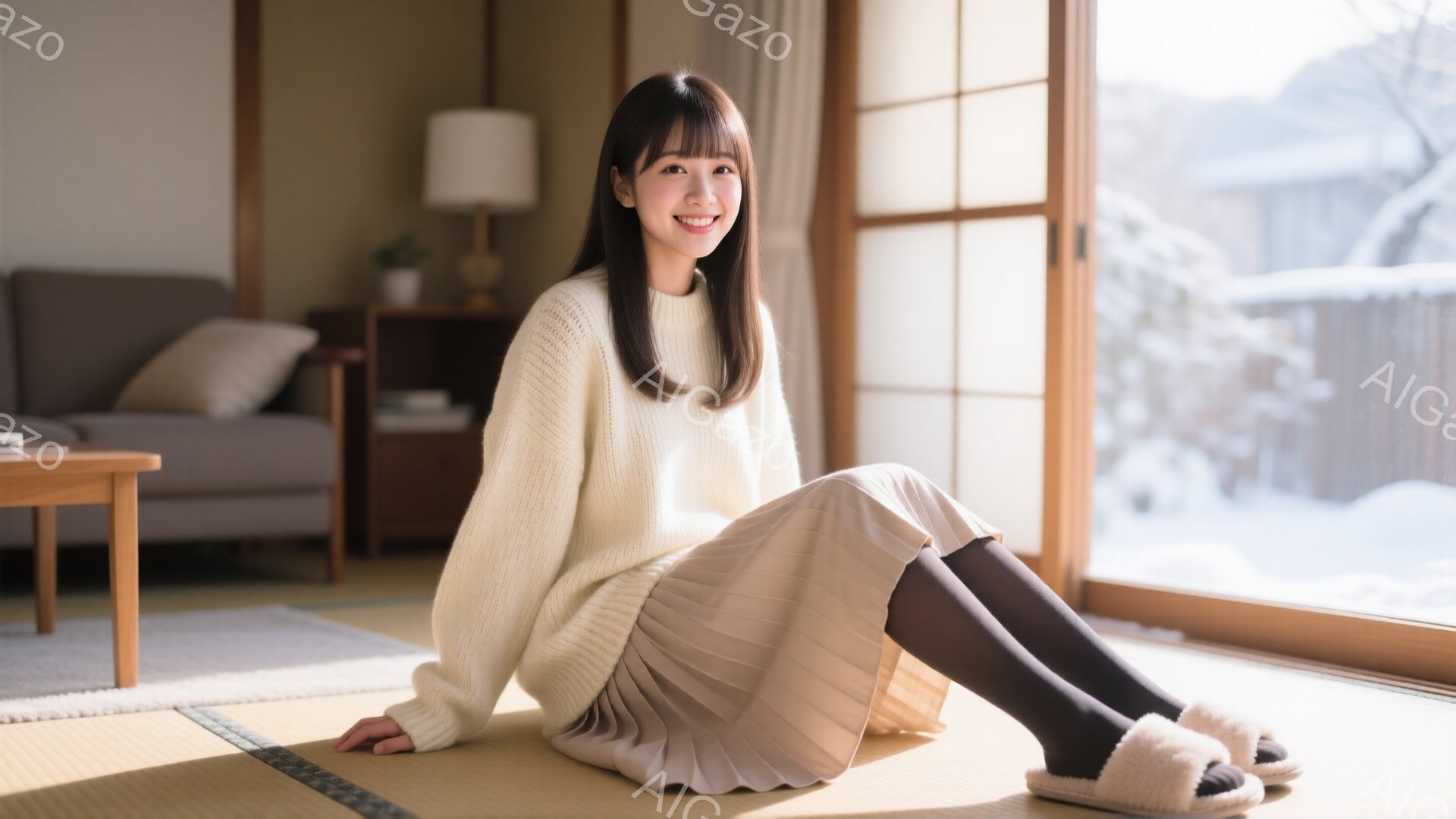 長い黒髪で前髪を作った女性が、畳の上に座って微笑んでいます。オフホワイトのセーターと、白くプリーツの入ったスカート、そしてふわふわのピンクのスリッパを履いています。背景には大きな窓から雪景色が見え、和風の部屋には木製の家具があり、温かく穏やかな雰囲気が漂っています。
