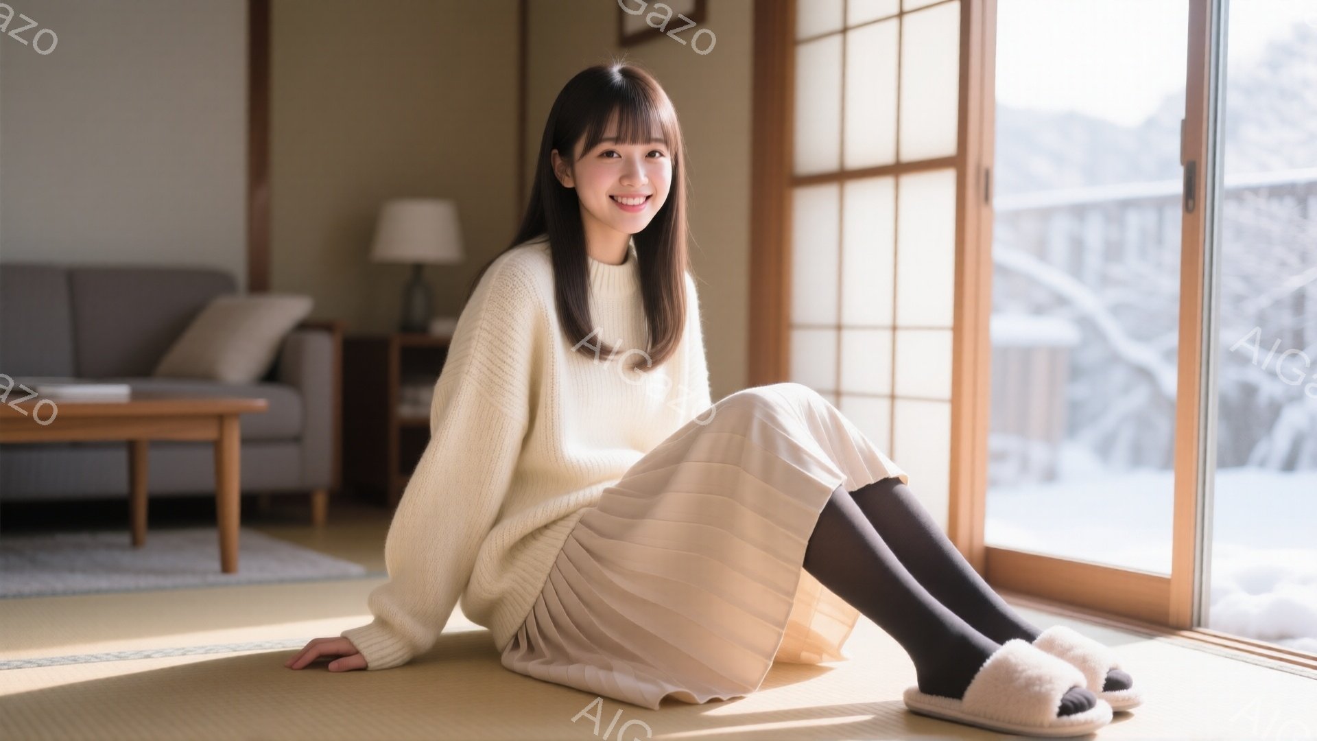 長い黒髪をセンターパートにした女性が、畳の上に座って微笑んでいます。オフホワイトのセーターとプリーツスカート、そしてふわふわのスリッパを履いており、背景には障子窓から雪景色が見えます。室内は明るく、暖かく、リラックスした雰囲気が漂っています。