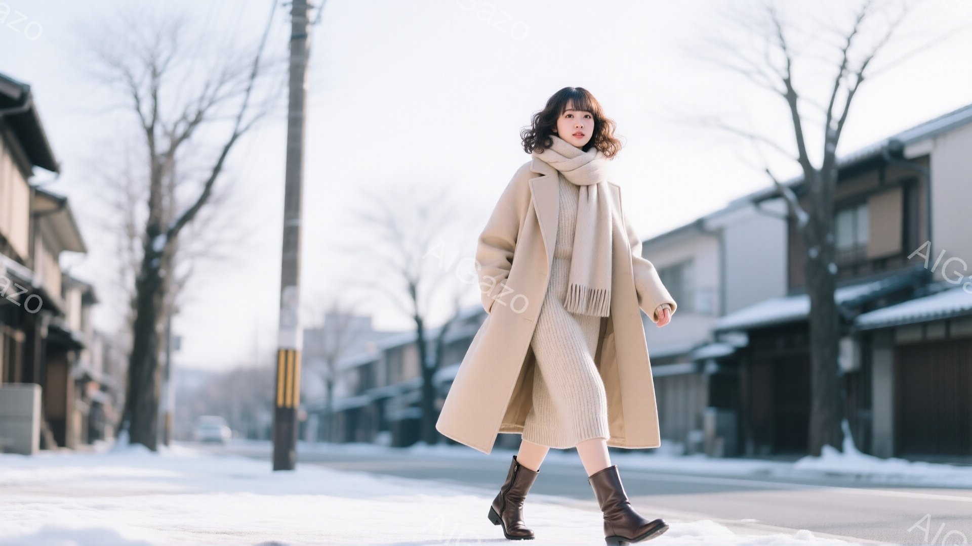 長いベージュのコートとニットのセットアップを着た女性が、雪景色の中を歩いている。彼女はウェーブのかかったダークブラウンの髪で、表情は穏やかで、ブーツを履いている。背景には伝統的な様式の建物が並び、雪に覆われた道と冬の空が広がっており、静かで穏やかな雰囲気を醸し出している。