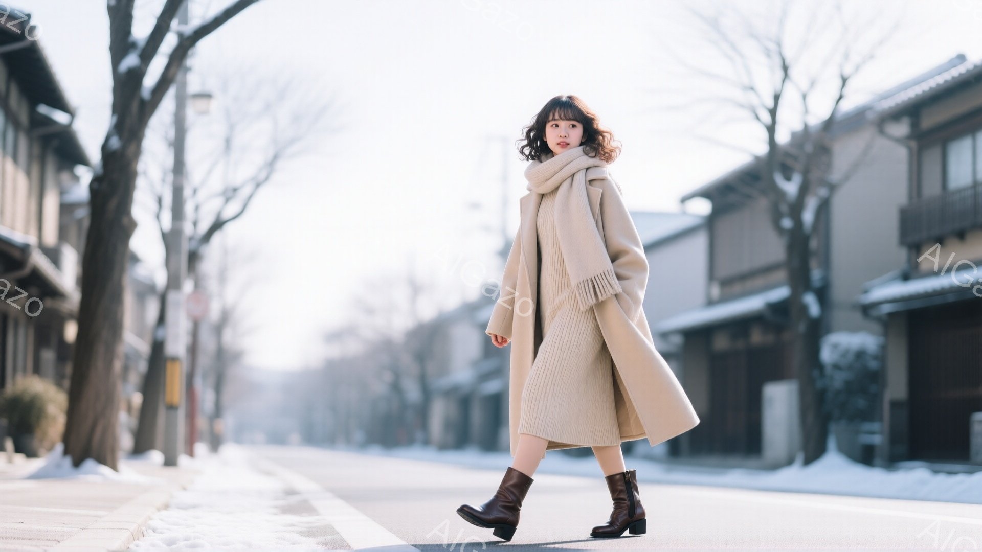 長いベージュのコートとニットワンピースを着た女性が、凍てつく街並みを歩いている。彼女はゆるいウェーブの髪をしており、顔は見えないが、リラックスした雰囲気が伝わってくる。背景には伝統的な木造建築が並び、雪が積もり、冬の静寂な雰囲気を醸し出している。