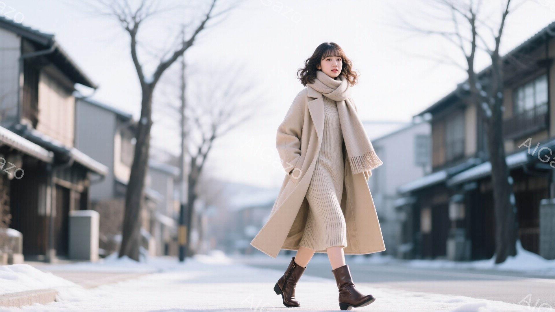 長いベージュのコートとニットワンピースを身に着けた女性が、雪が積もった道を歩いている。彼女はロングブーツを履き、髪はゆるいウェーブで、少し微笑んでいるように見える。背景には伝統的な木造建築が並び、冬の晴れた空と雪景色が、穏やかで落ち着いた雰囲気を作り出している。