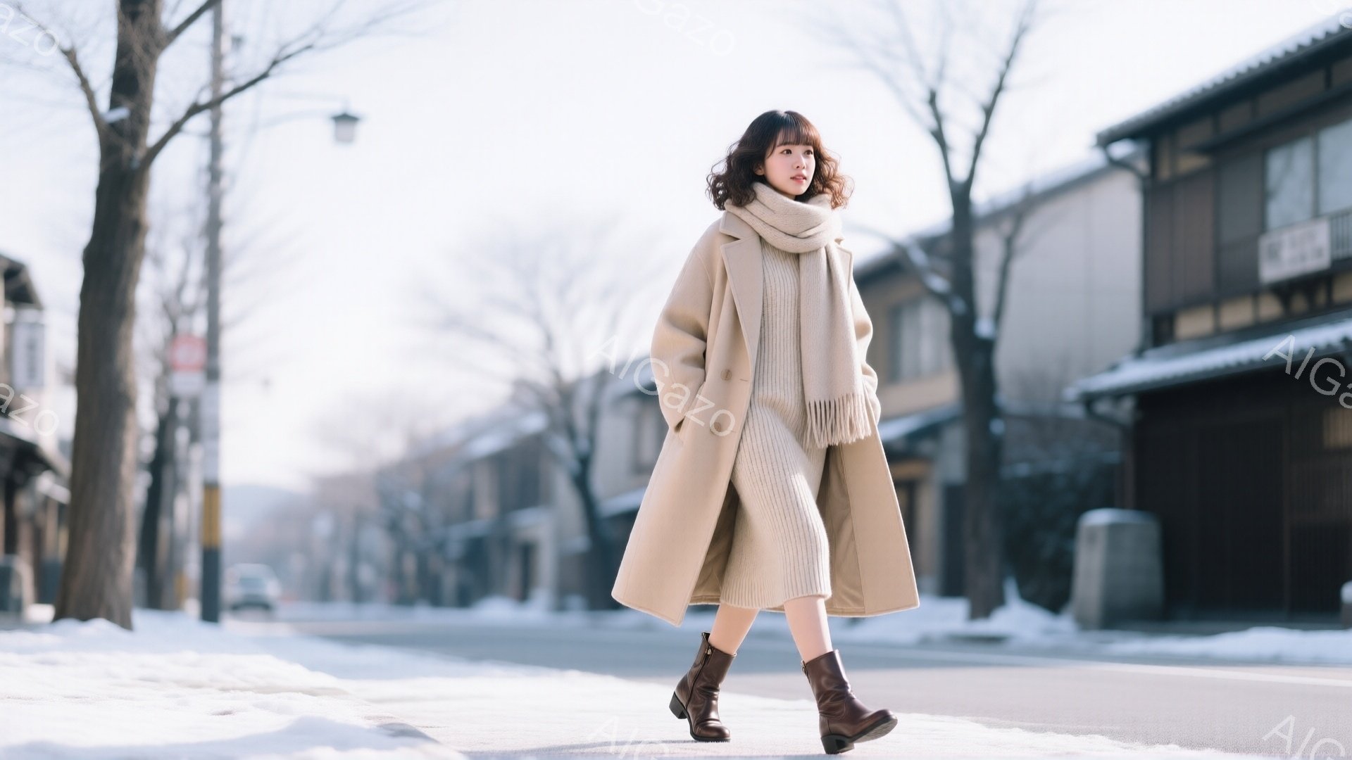 明るいベージュのロングコートとニットワンピースを着た女性が、雪道の中を歩いている。彼女は、茶色のブーツを履き、首にボリュームのあるベージュのマフラーを巻き、少し微笑んでいる。背景には、雪に覆われた建物 - AI生成フリー素材