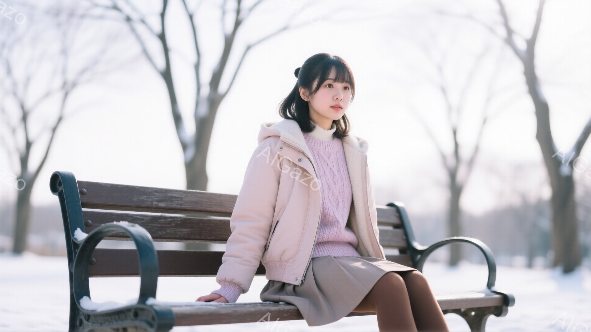 若い女性が公園のベンチに座っており、ピンク色の短い丈のパフジャケットと、淡いピンクのスカート、タイツを着用しています。彼女は前髪を下ろしたヘアスタイルで、少し物憂げな表情をしています。背景には雪景色が広がり、木々は葉を落として冬の静けさが感じられます。
