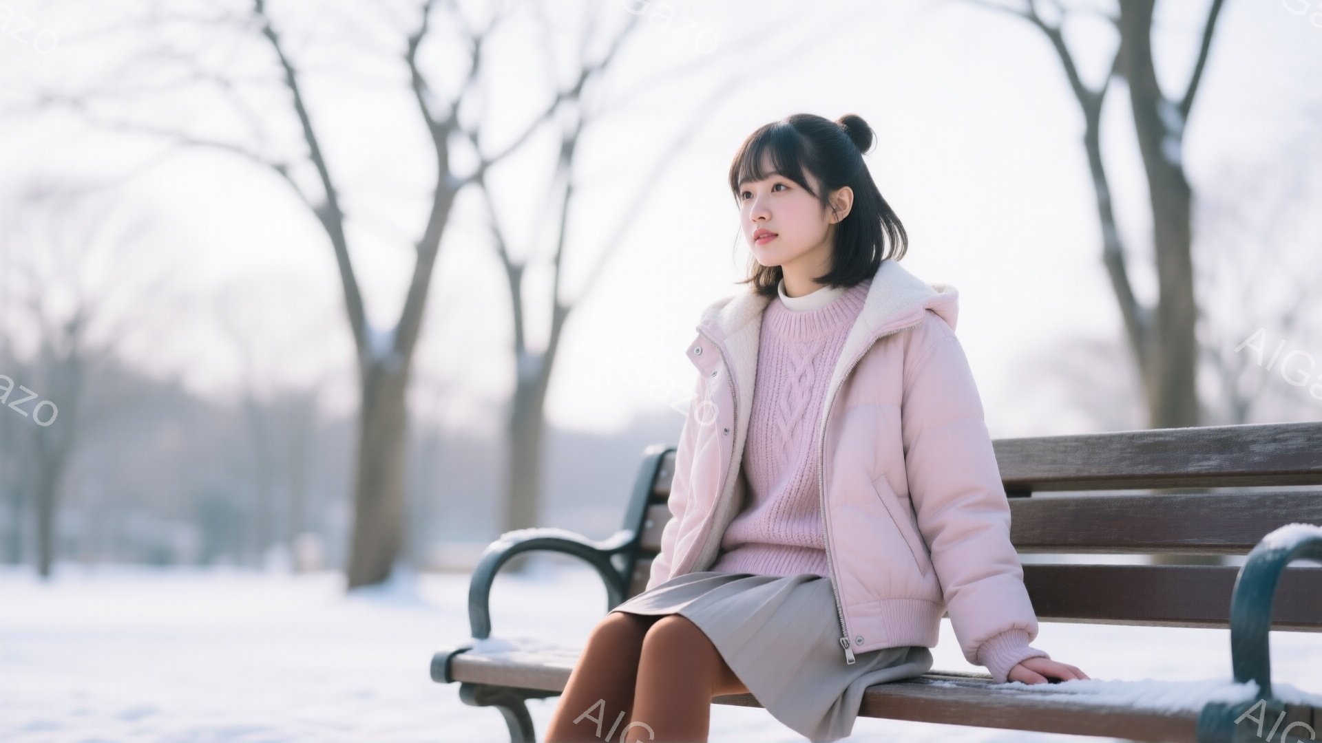 若い女性が雪景色の中の公園のベンチに座っている。彼女はピンク色の短い丈のジャケットに、ケーブル編みのセーター、そして膝丈のスカートを着用し、黒いタイツを履いている。彼女は少し物憂げな表情で遠くを見つめ、冬の静寂な雰囲気に包まれている。