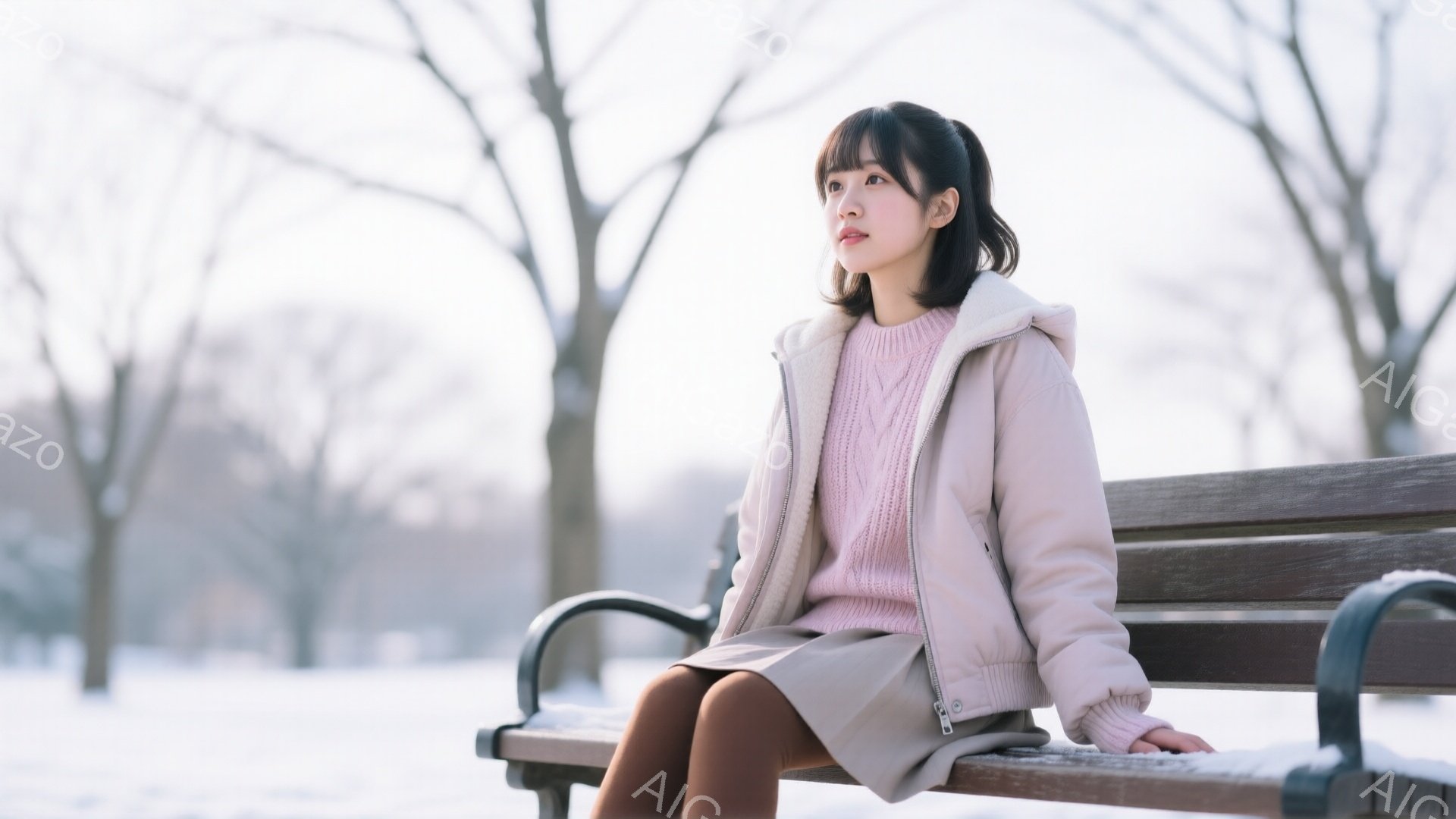 明るい茶髪の女性が公園のベンチに座り、少し上目遣いに遠くを見つめている。淡いピンクのニットにベージュのスカート、そしてクリーム色の短い丈のジャケットを着ており、冬の寒さの中でも暖かそうな印象を与える。背景には雪景色が広がり、木々は裸のままで冬の静寂を表している。