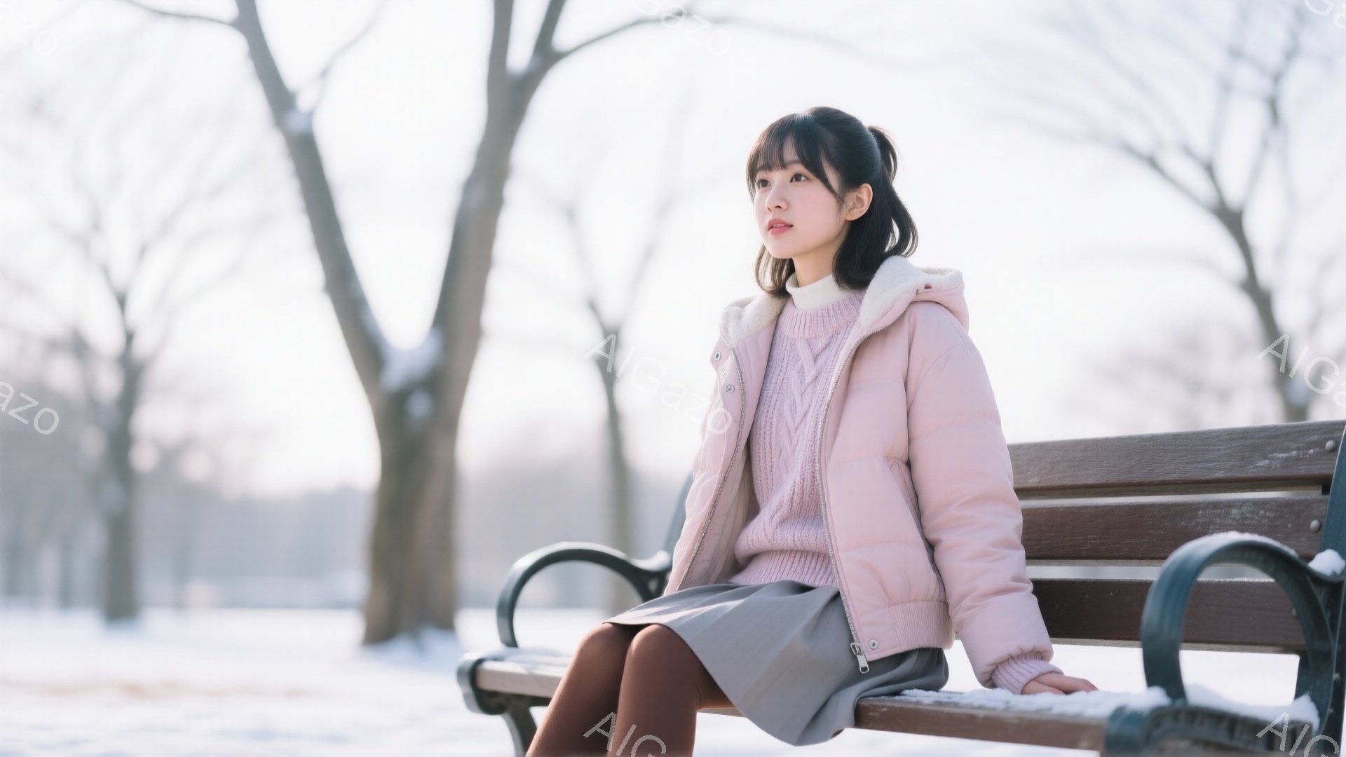 若い女性が公園のベンチに座っており、ピンク色の短いパフジャケットとアイボリー色のセーター、グレーのスカートを身に着けています。彼女は髪をハーフアップにしており、少し憂いのある表情で遠くを見つめています。背景は雪景色で、木々は葉を落とし、全体的に静かで穏やかな冬の雰囲気が漂っています。