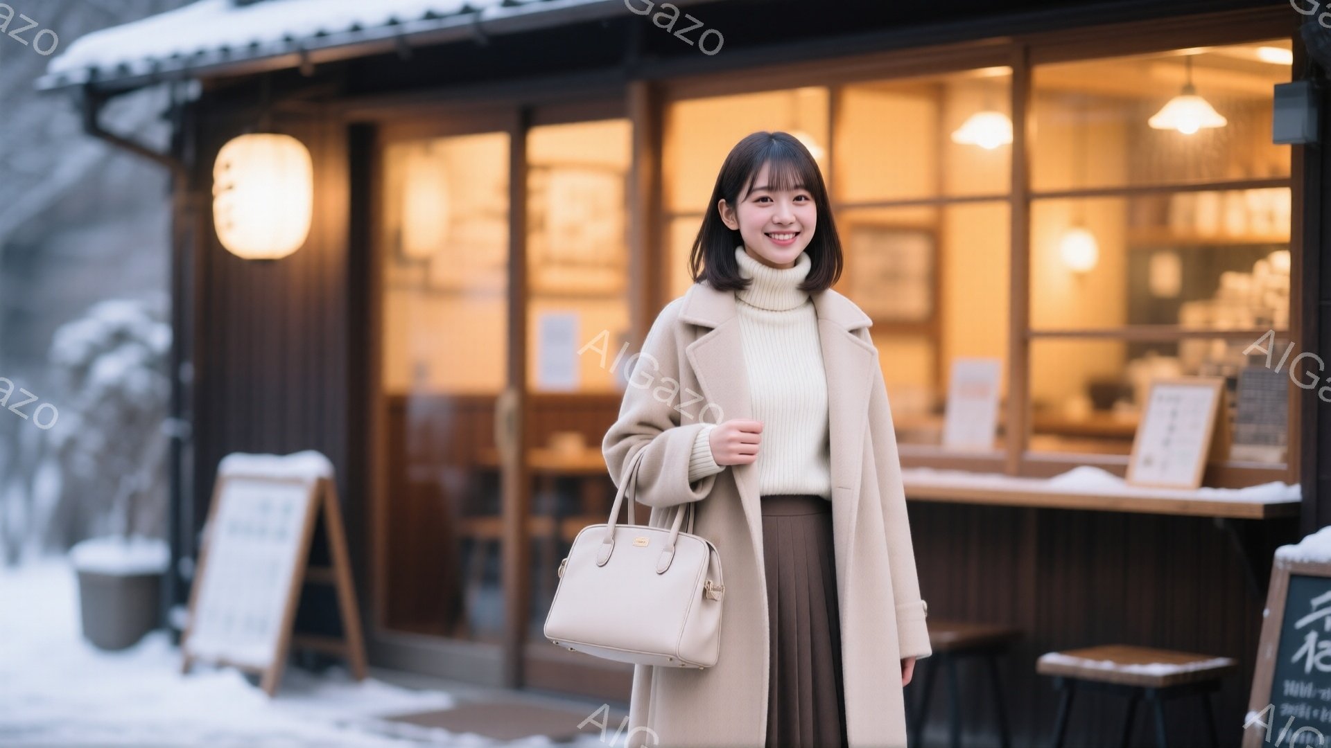 女性はベージュのロングコートとアイボリーのセーター、ブラウンのプリーツスカートを身につけ、クリーム色のハンドバッグを持っています。彼女は微笑んでおり、リラックスした姿勢でカメラの方を見ています。背景に - AI生成フリー素材