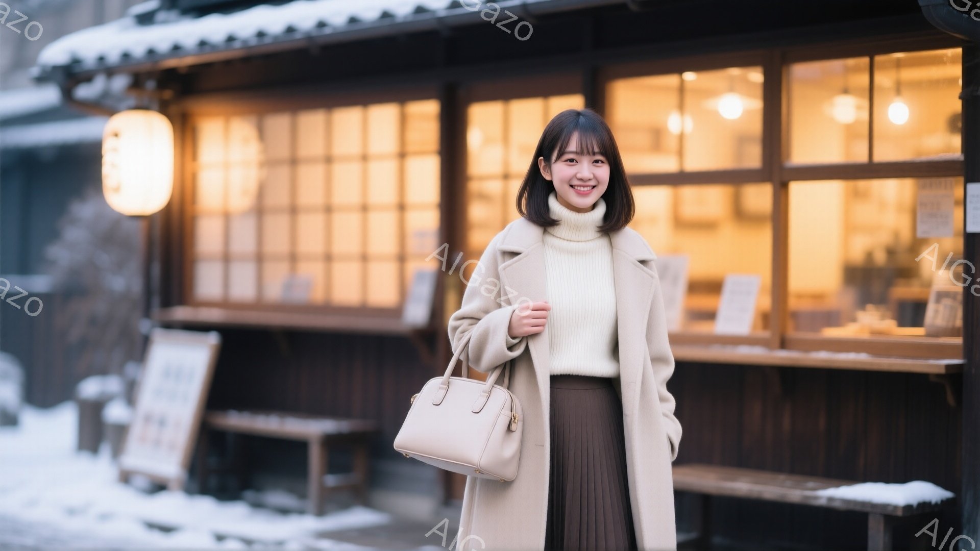 画像には、ベージュのコートとセーターを着た若い女性が写っています。彼女は短い茶色の髪をしており、穏やかな笑顔を浮かべています。背景には、木製の外観を持つ店舗があり、雪が降った冬の日の穏やかな雰囲気を醸し出しています。