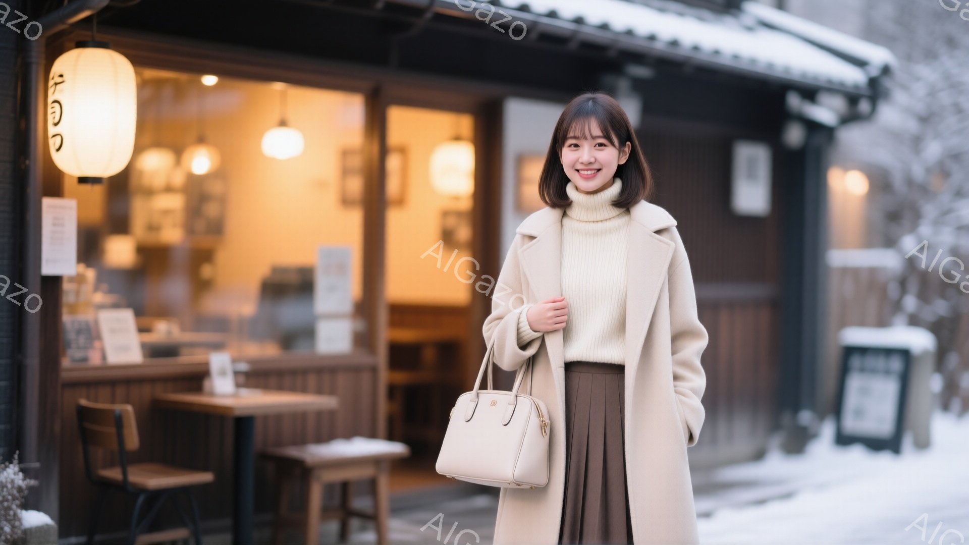 明るい笑顔の若い女性が、ベージュのオーバーサイズコートと茶色のロングスカートを身に着けて立っています。彼女は肩にベージュのハンドバッグをかけ、肩まで伸びた茶色のヘアスタイルで、やや内巻きのふんわりとし - AI生成フリー素材