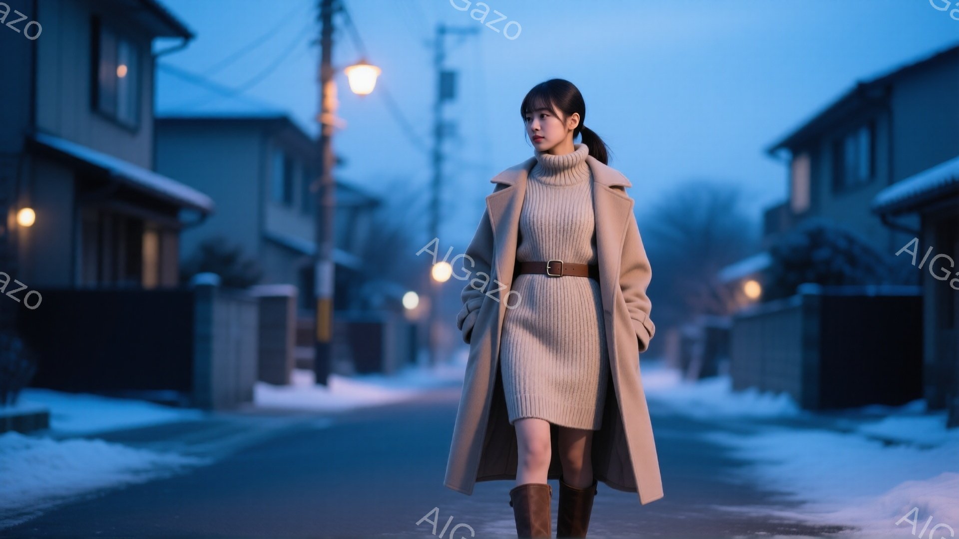 長いベージュのコートとニットワンピースを着た女性が、雪が積もった住宅街の道を歩いている。髪は後ろで一つにまとめられ、視線はわずかに左を向いており、表情はどこか物憂げだ。背景には薄暗い光に照らされた家々が並び、冬の静寂な雰囲気を醸し出している。