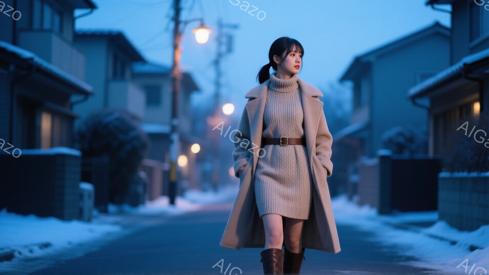 画像には、ベージュ色のロングコートとニットワンピースを着た女性が写っています。彼女は茶色のブーツを履き、髪は後ろでポニーテールに結ばれています。背景は雪に覆われた住宅街で、薄暗い街灯が並んでいます。